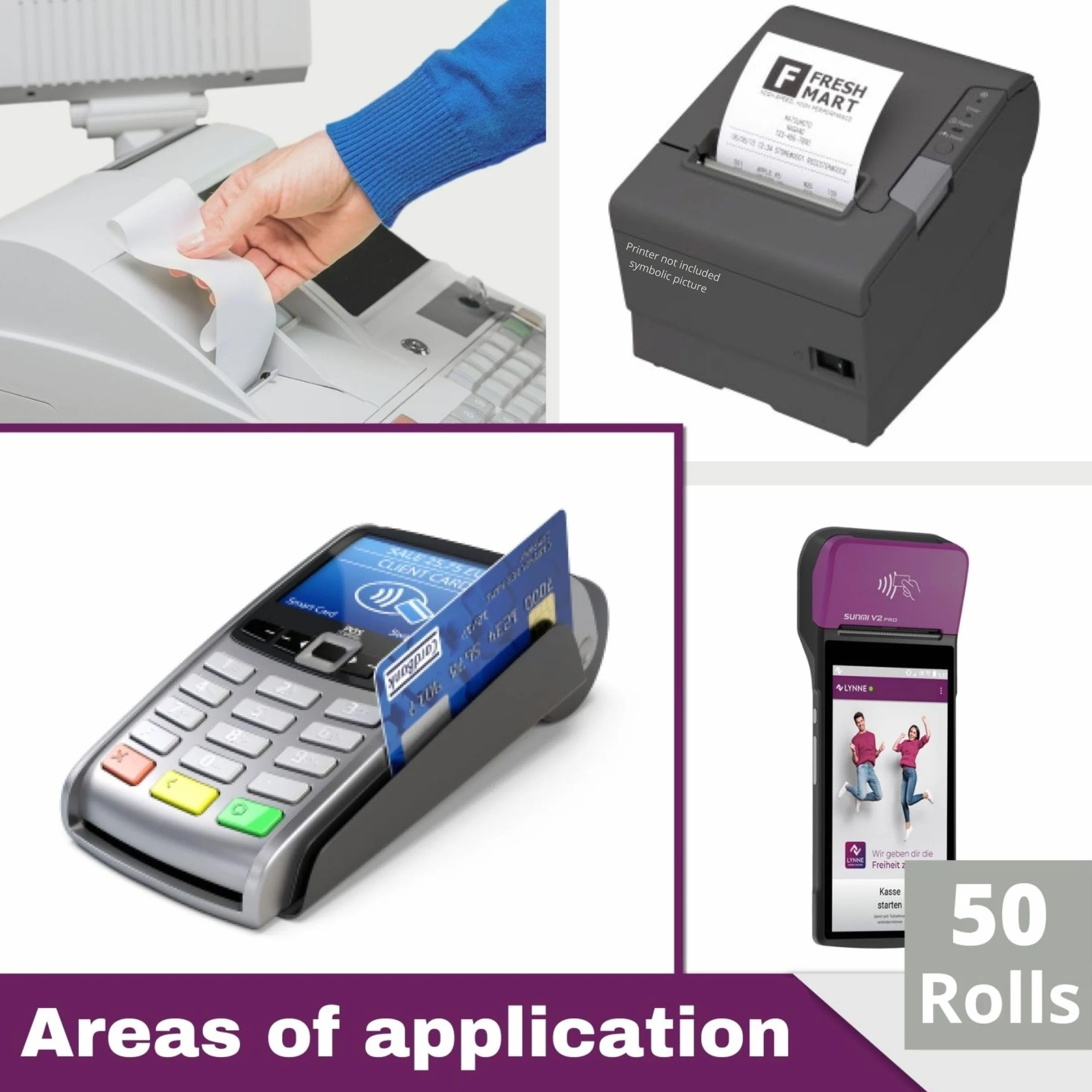 LYNNE - Rotoli POS 57x40x12 di carta termica per ricevute Bancomat - Rotolini compatibili con dispositivi POS - Rotolo 57mm x 18m x 12mm - [50x]