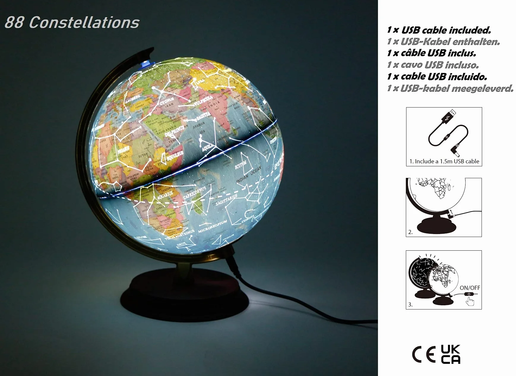 EXERZ 20cm Mappamondo illuminato - Mappa Inglese - Globo Supporto in Legno - Mappa Politica (Giorno) - Stelle Della Costellazione (Notte) - Lampada LED - Casa E Scuola