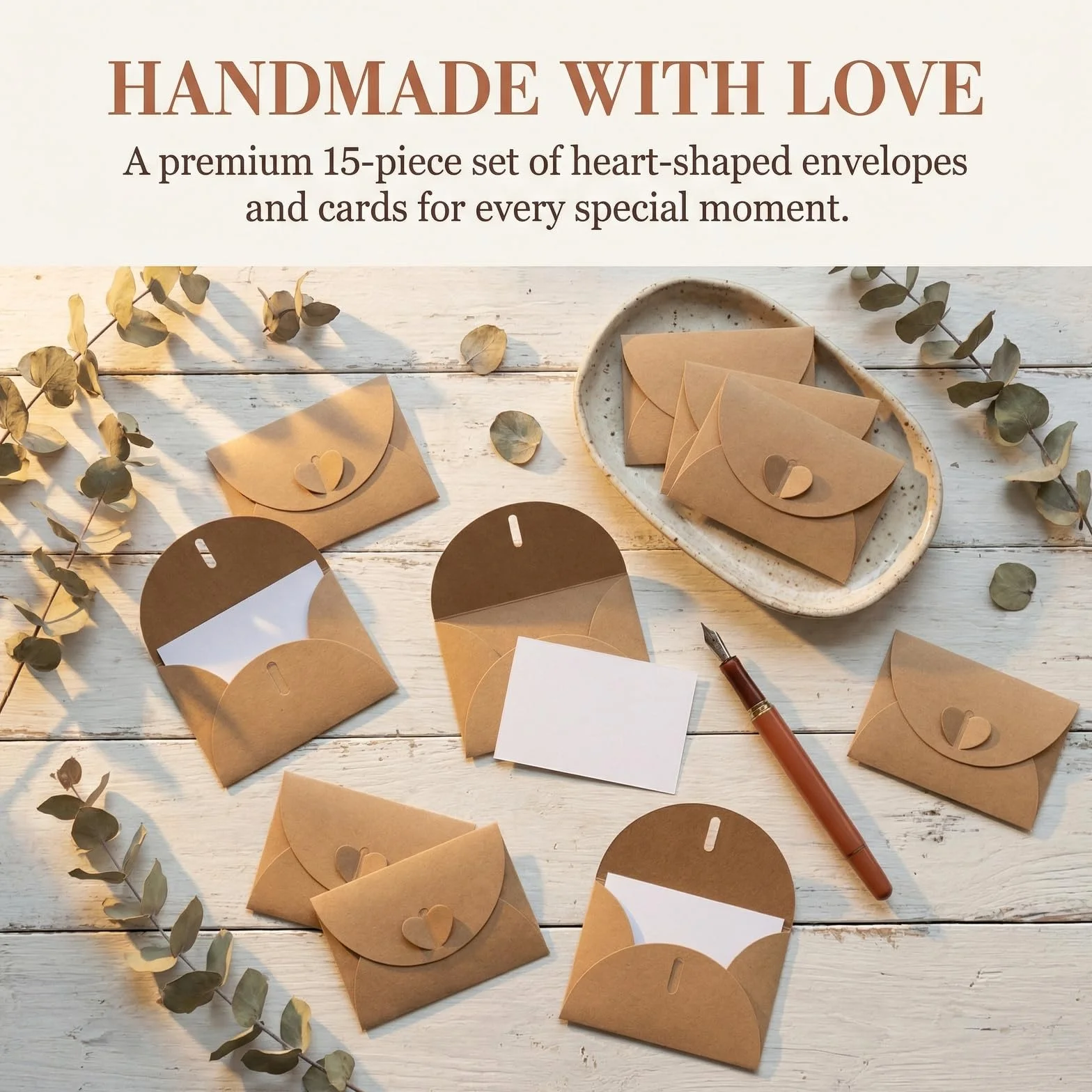 Buste Kraft Mini Con Chiusura Cuore e Cartoncini Bianchi Vintage Per Biglietti Regalo Feste Natale Compleanno