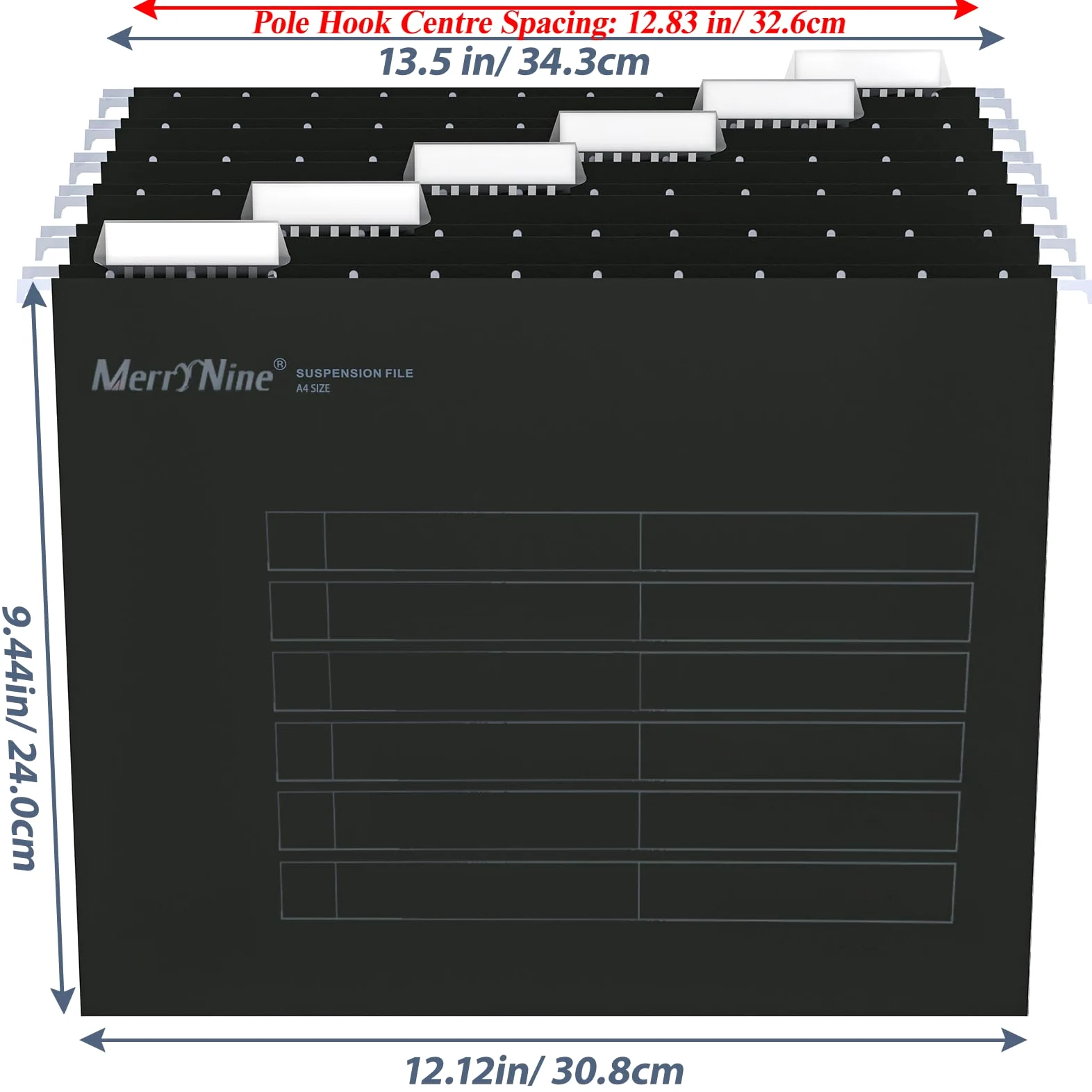 MerryNine 24 cartelle sospese in formato A4, formato A4, con linguette e inserti per schede, per scuola, casa, lavoro, ufficio, organizzazione (nero)