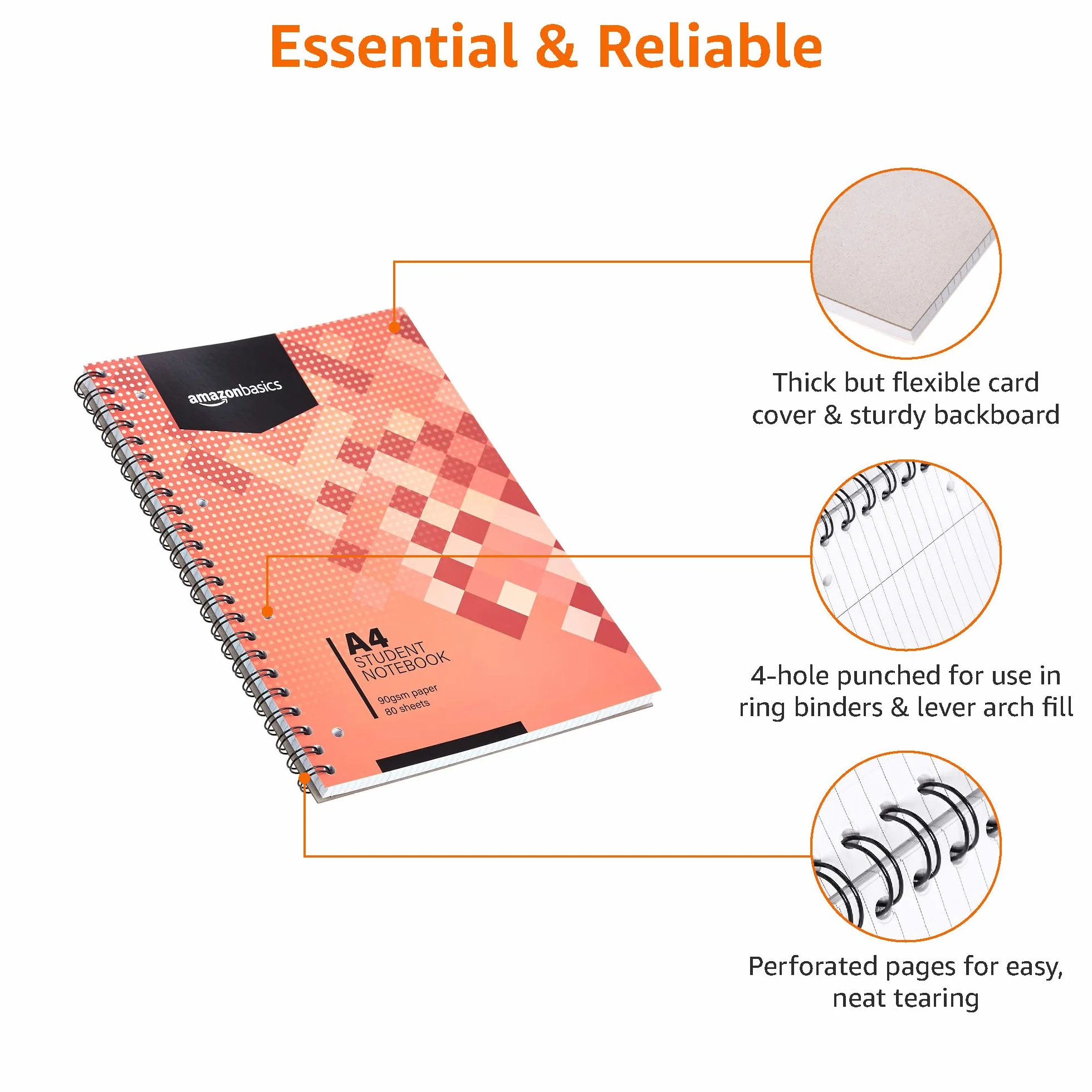 Amazon Basics Quaderno A4 a spirale, 80 fogli, 160 pagine, 90 g/m², 5 unità, Bianco