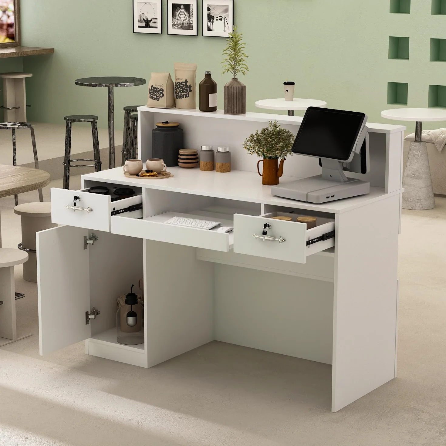 Banco reception con luce e cassetti, reception in bianco, cassette di ricevimento, bancone dell'ufficio, per sale aziendali, reception alberghiere, negozi di frutta 50 x 120 x 100 H cm