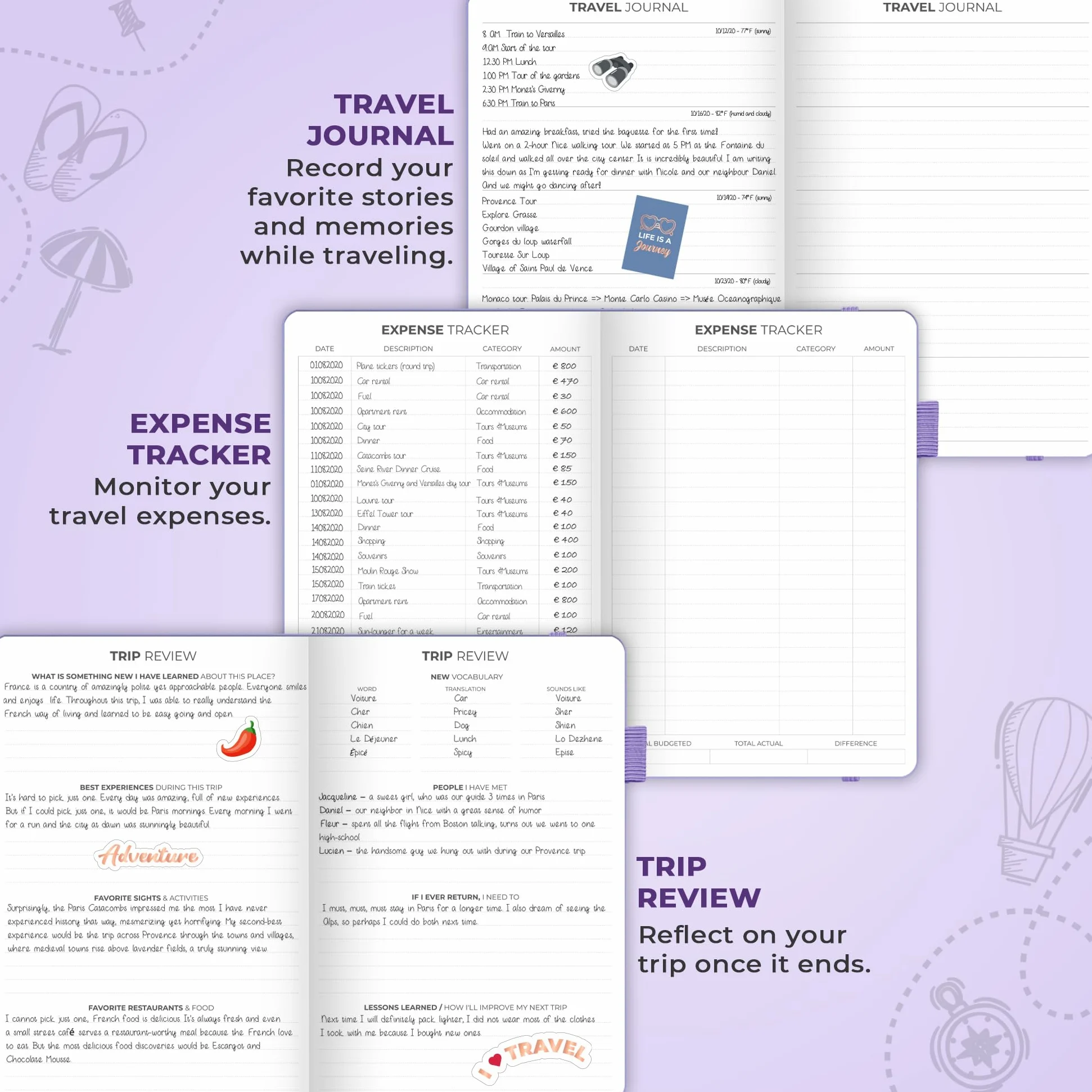 Clever Fox Diario di viaggio, organizer per itinerari, per donne, uomini e coppie, dura 5 viaggi, formato A5 (lavanda, formato A5 (14,7 x 21,1 cm)