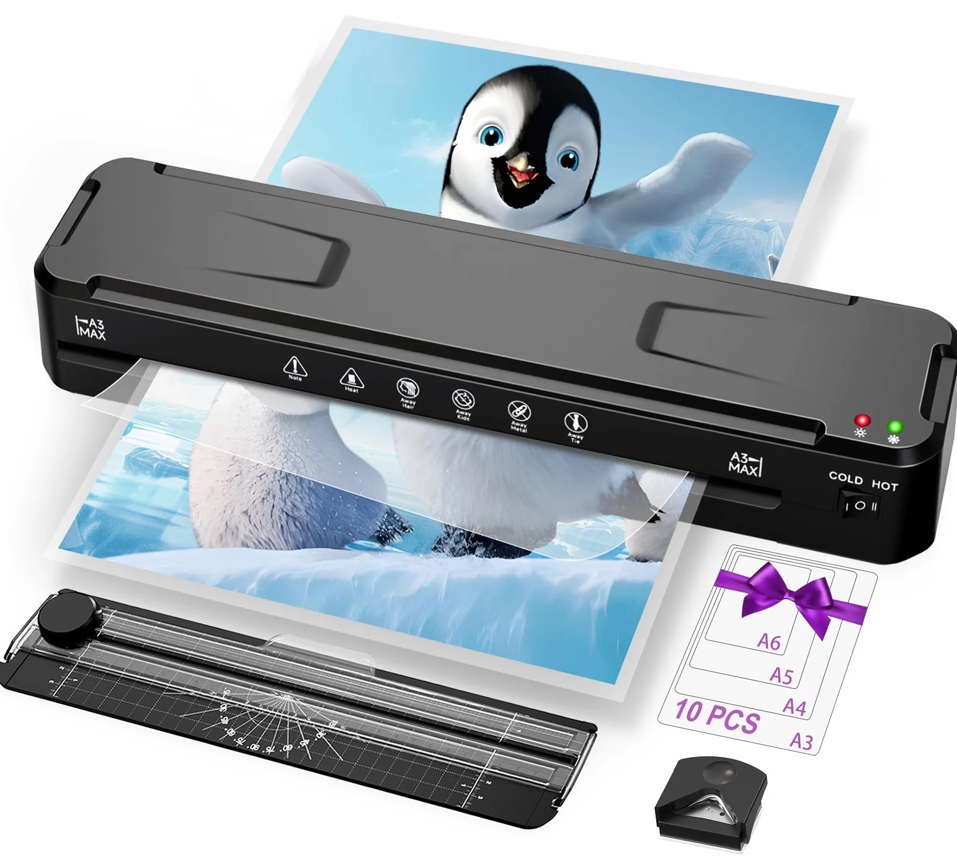 MAXDONE Plastificatrice A3, Plastificatrice, Laminatrice a Caldo e a Freddo Con Laminazione, tagliacarta e arrotondatrice di angoli per formati A3, A4, A5, A6, A7 Riscaldamento Veloce & Senza Bolla
