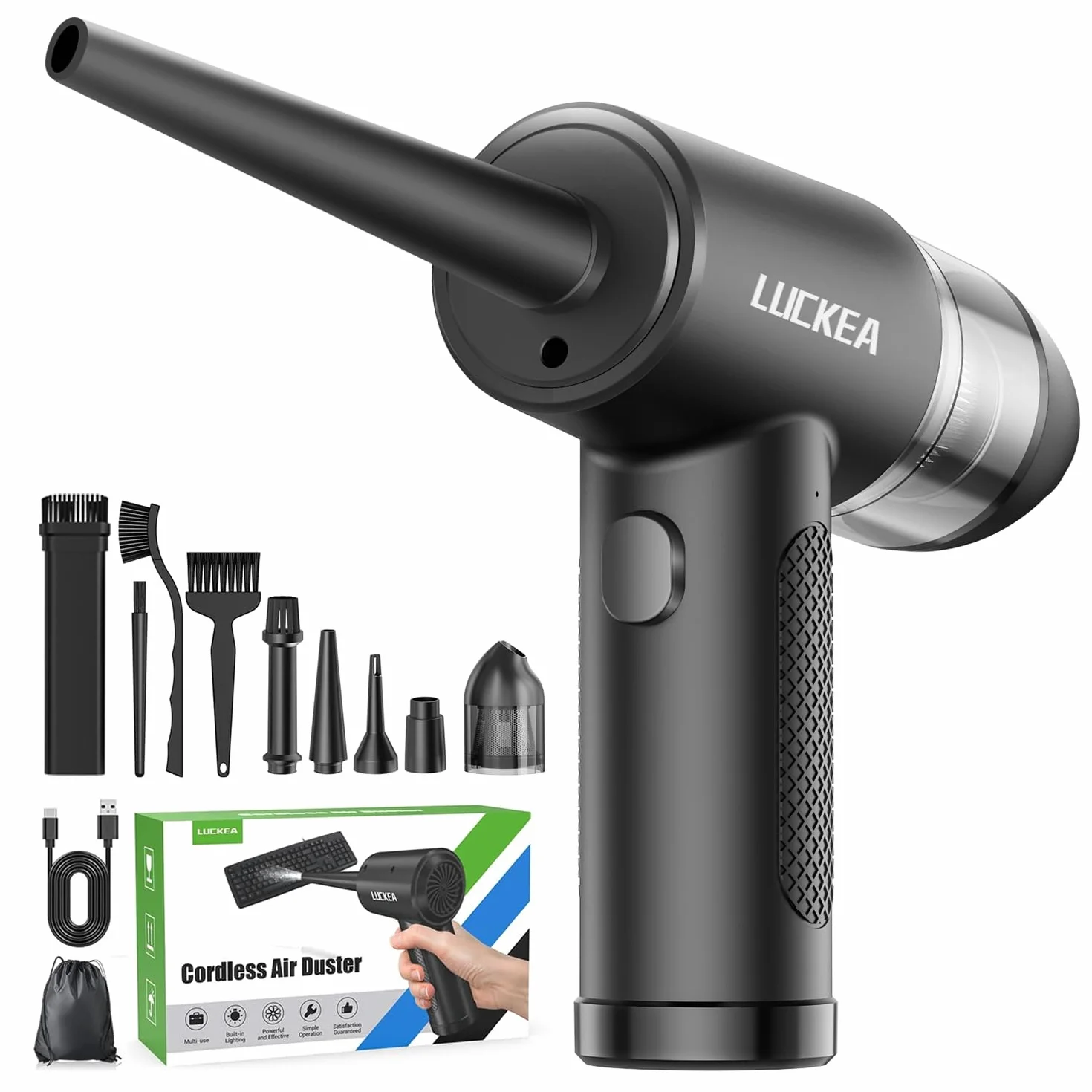 LUCKEA Aria Compressa Elettrico Rimuovi Polvere - 3 Velocità Air Duster Mini Soffiatore Aspiratore a Batteria 6000 mAh, Kit Pulizia PC Tastiera Auto, Alternativa Allo Bomboletta Aria Compressa Spray