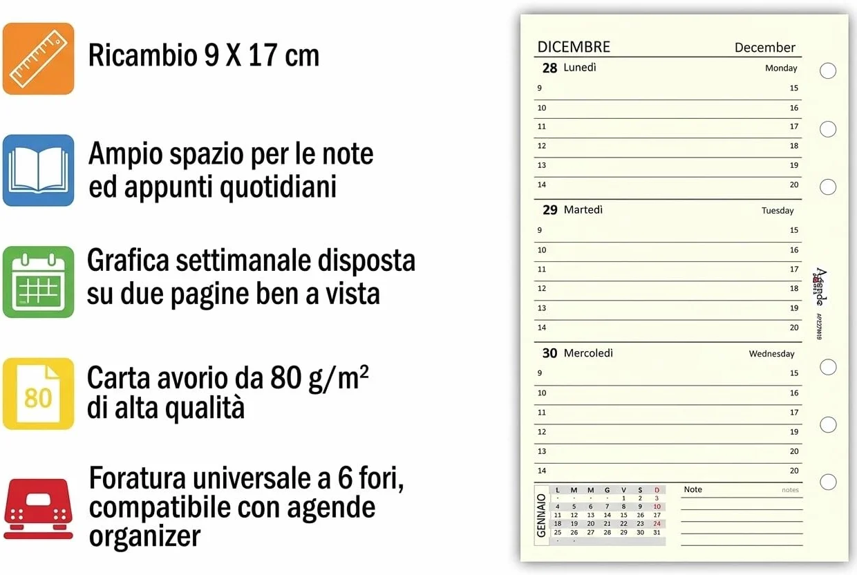 Ricambio Agenda Organizer Settimanale 2027, Bilingue, 9,5x17cm, 90gr, Avorio