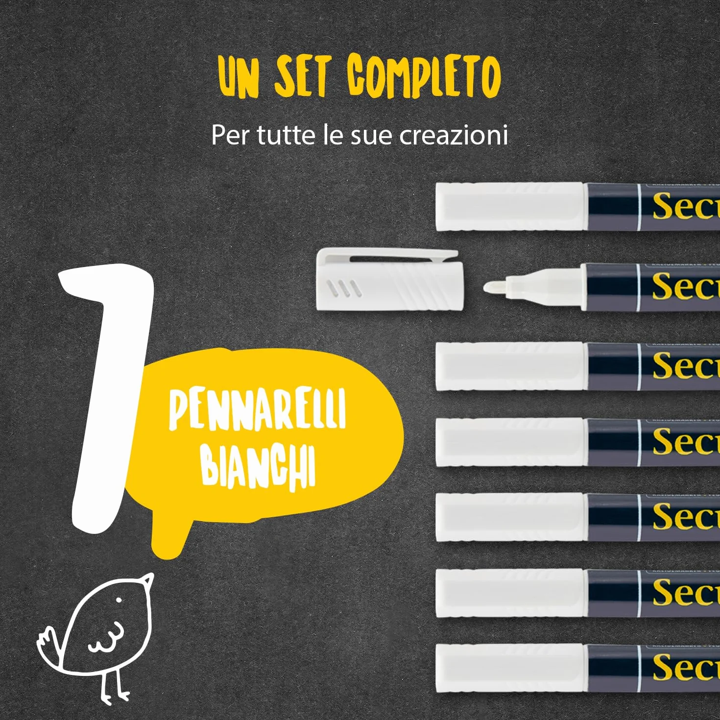 SECURIT Set 7 Pennarelli A Gesso Liquido Bianco Punta Fina 1-2mm Per Lavagne Vetro Metallo