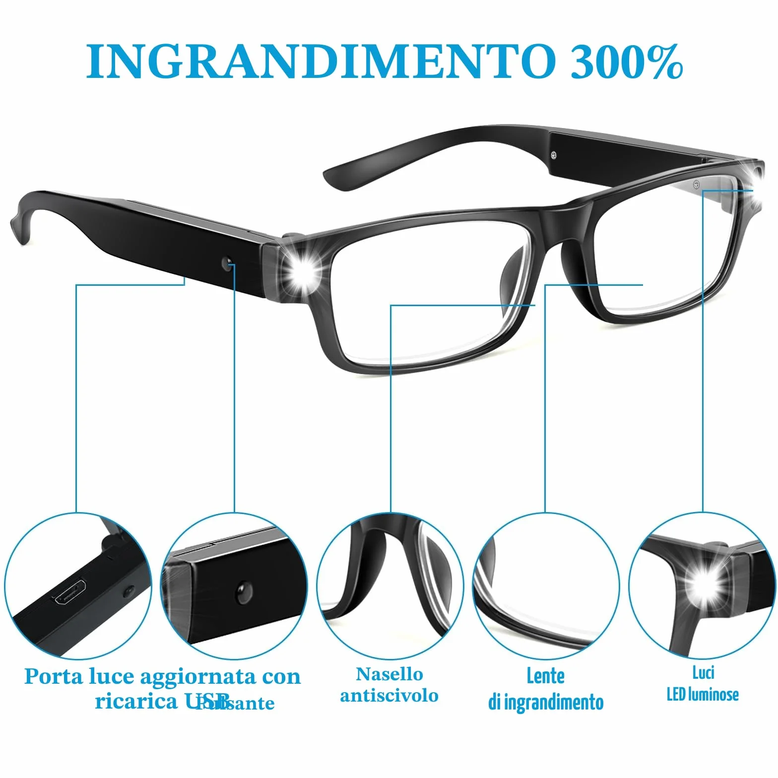 Occhiali di Ingrandimento con Luce LED Ricaricabili USB 300% a Mani Libere per Lettura Hobby