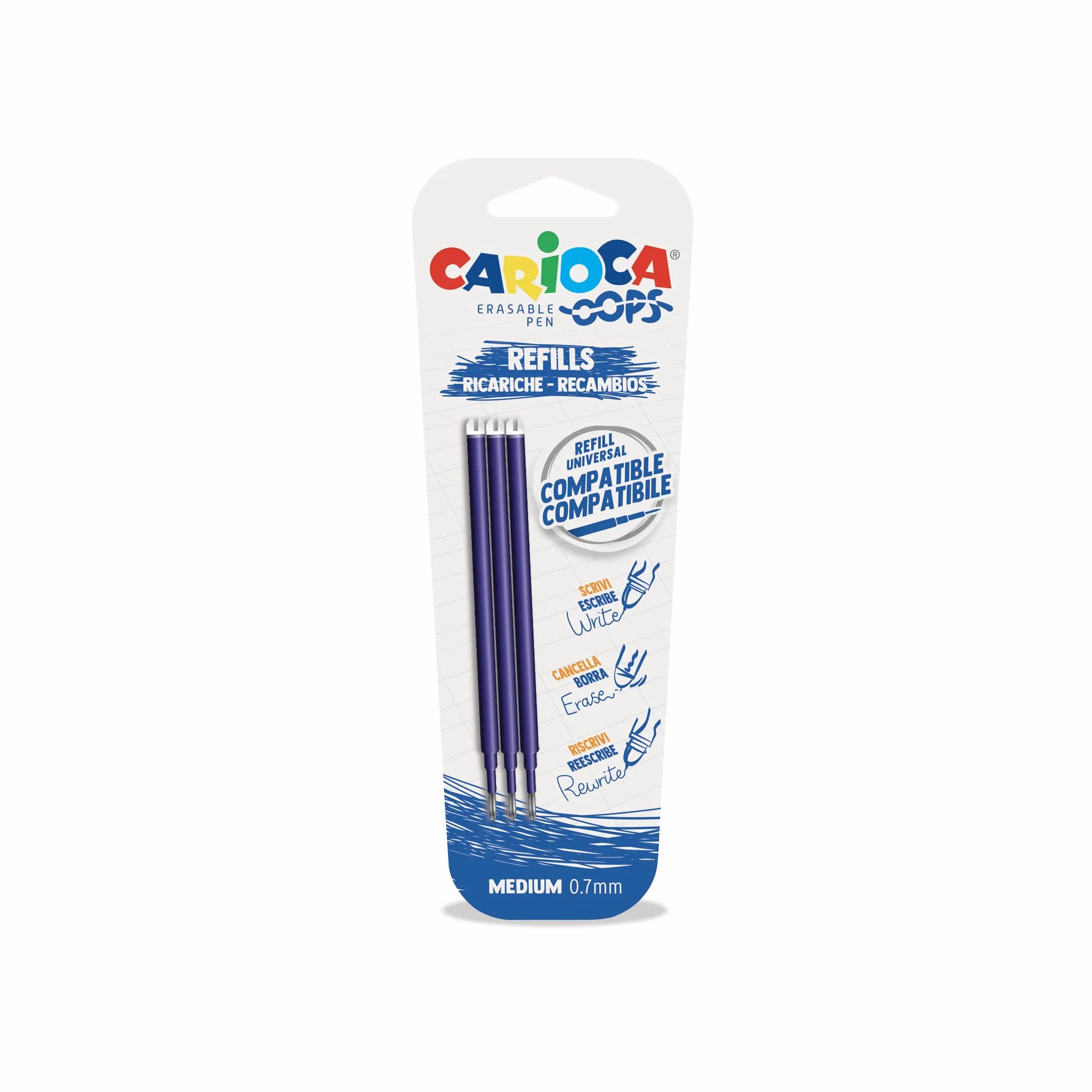 Carioca Oops Ricariche Penna Cancellabile Blu, 3 Pezzi, Inchiostro Termosensibile