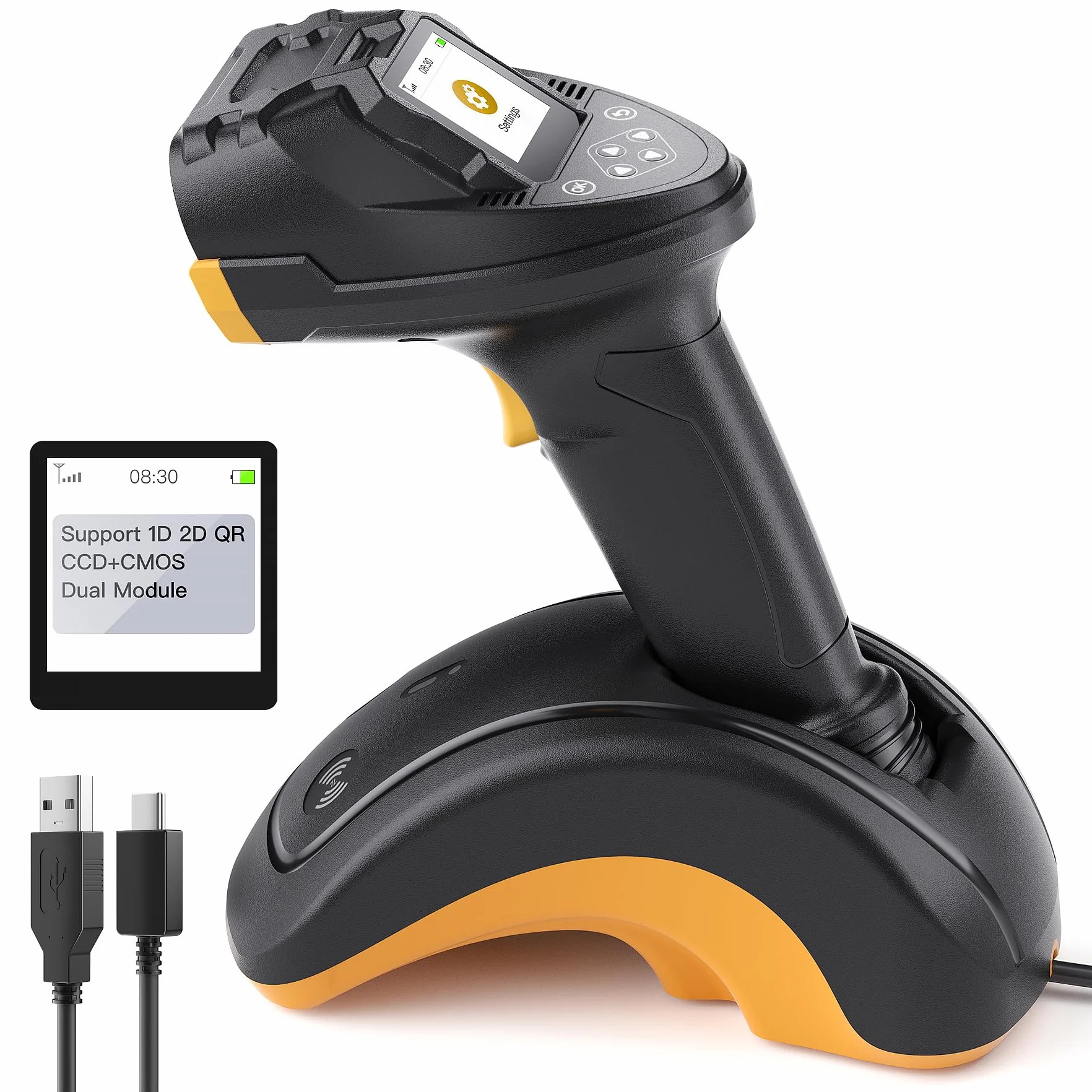 Inateck Scanner Codici a Barre Wireless 2D con Schermo, Doppio Sensore CMOS e CCD per Codici Lunghi e Sfocati, Lettore QR Bluetooth con Base di Ricarica, Tastiera per Impostazioni, Supporta App SDK