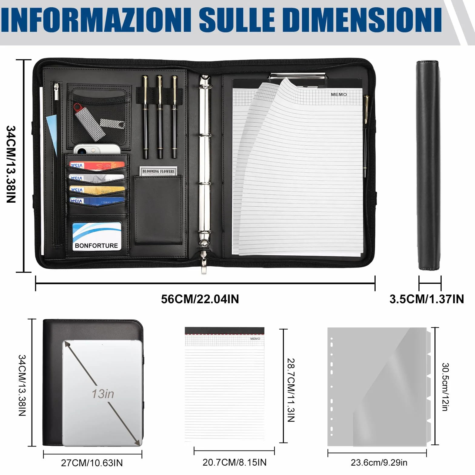Cartella Portadocumenti A4 con Buste Trasparenti, Raccoglitore ad Anelli 4 con Manico Magnetico e Cerniera in Pelle Vegana