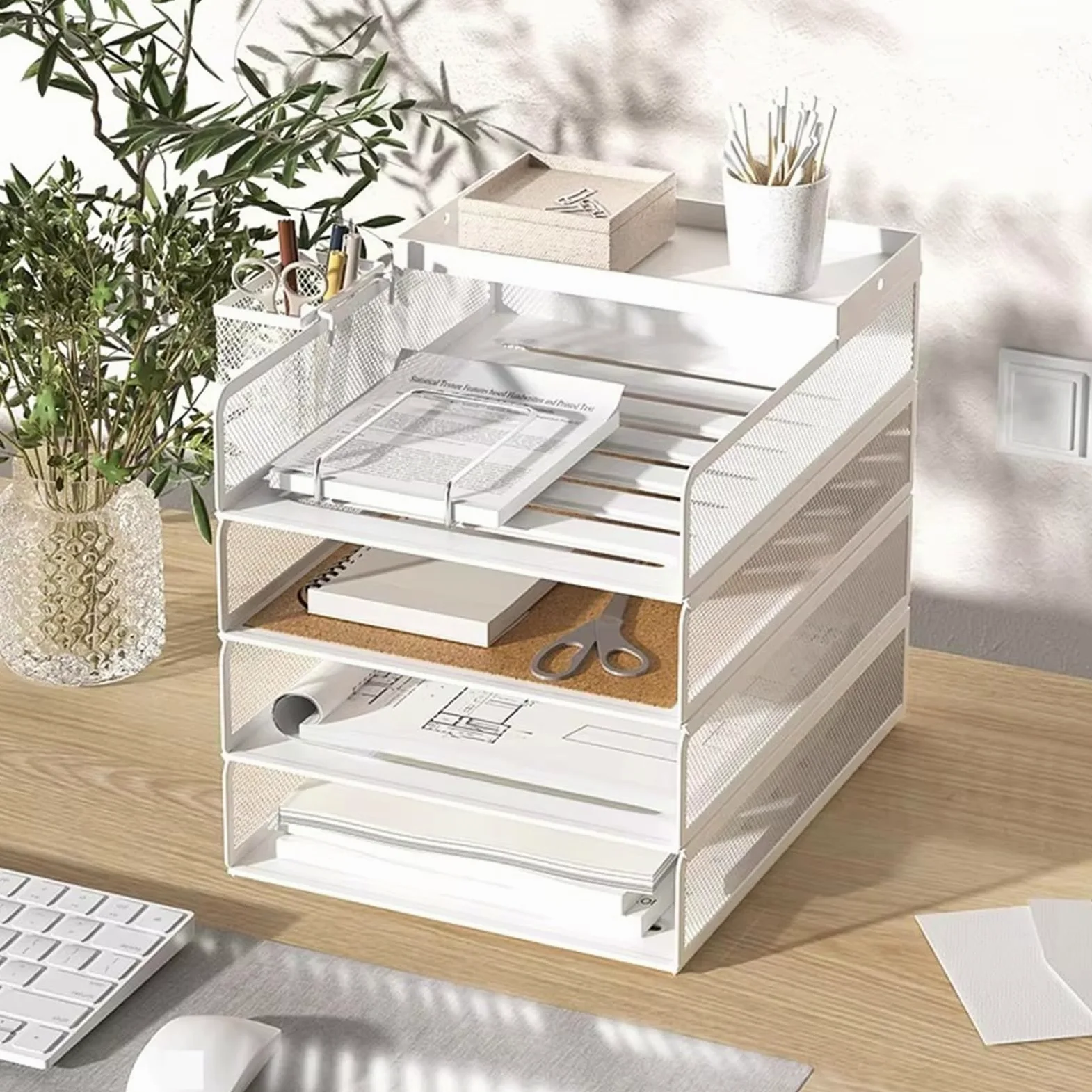 Vassoio Per Lettere Organizzatore Di File Desktop In Metallo | Portadocumenti impilabile, scanalatura cava antiscivolo, rack salvaspazio(4-Tier-Black)