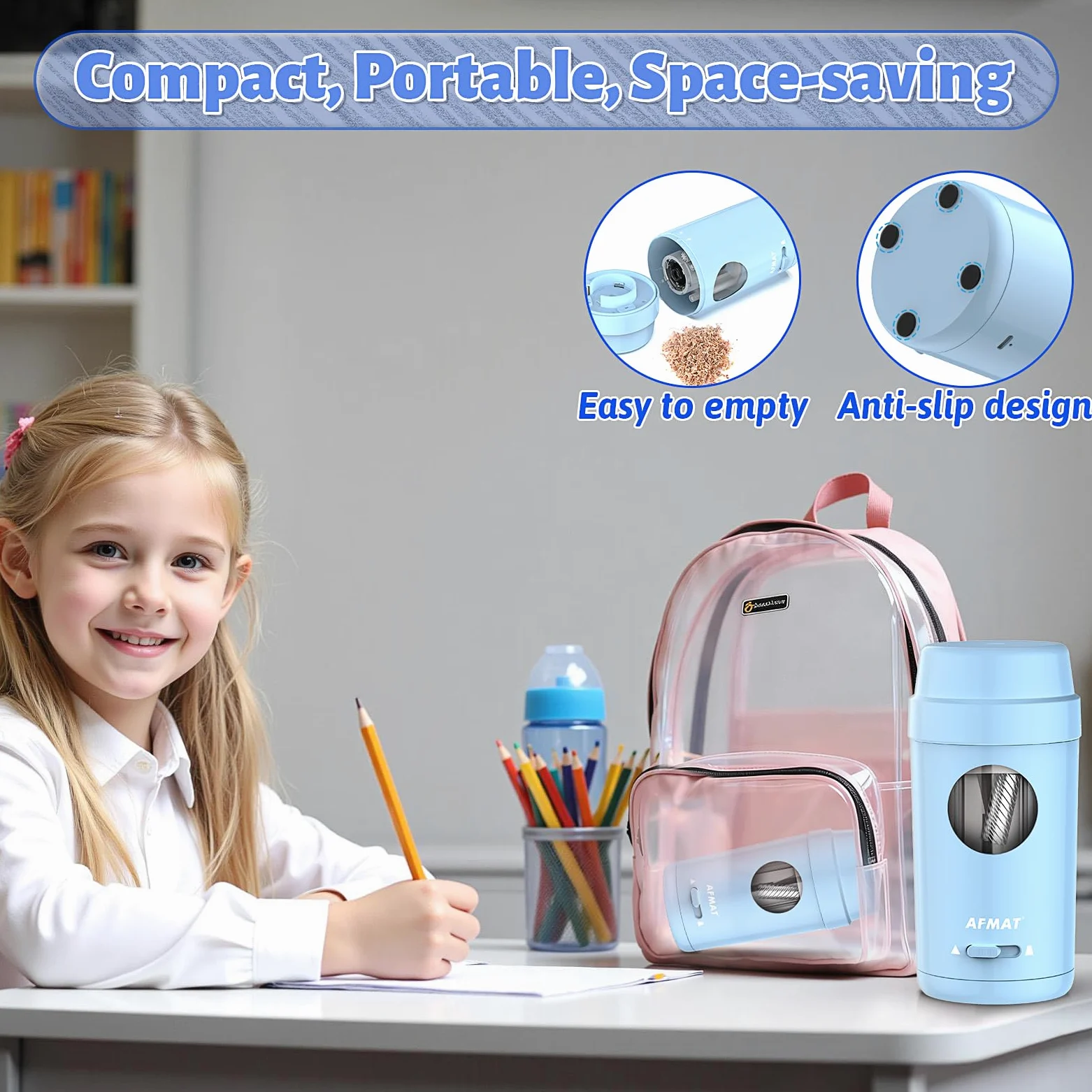 AFMAT Temperamatite elettrico completamente automatico, ricaricabile, con contenitore per matite sottili da 7-8 mm, auto in e out, temperamatite elettrico per casa, ufficio, scuola, blu, PSX8