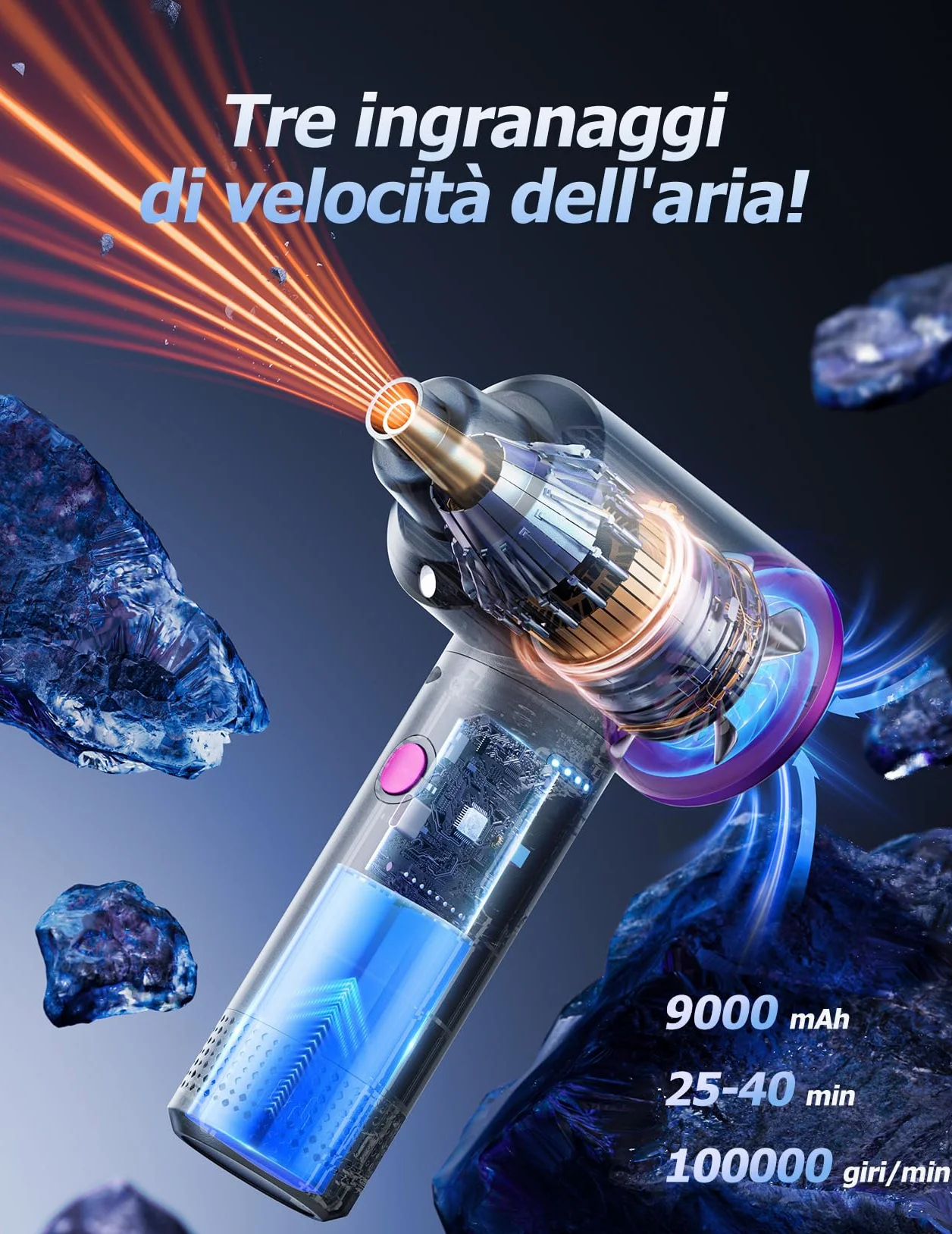 Soffiatore ad Aria Compressa - 100.000 Giri/Min Aria Compressa Spray con Batteria da 9000 mAh, Aria Compressa Elettrico a 3 Velocità con luce LED per la Pulizia del PC, Divano, Tastiera, Auto