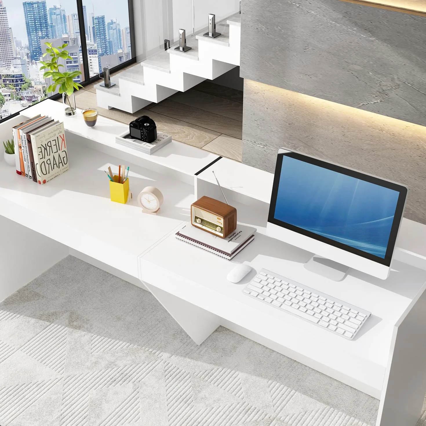 Grande bancone di ricezione con grande superficie di lavoro, casse di ricevimento, banco di reception, bancone negozio, banco di vendita, mobile reception, bianco, MDF, 220 cm x 60 cm x 100 cm