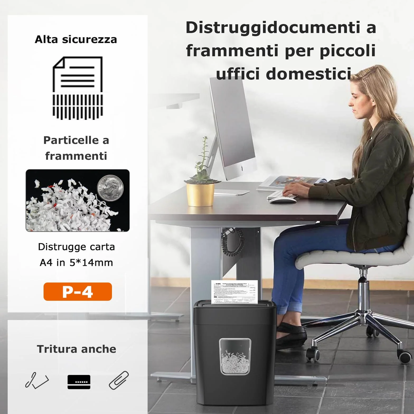 Bonsaii Distruggi Documenti 8 Fogli, Tritacarte per Casa e Ufficio, Livello di Sicurezza P-4, Taglio a Croce 5×14mm, Carte di Credito, Graffette, Protezione Surriscaldamento, Cestino 16L, C261-C
