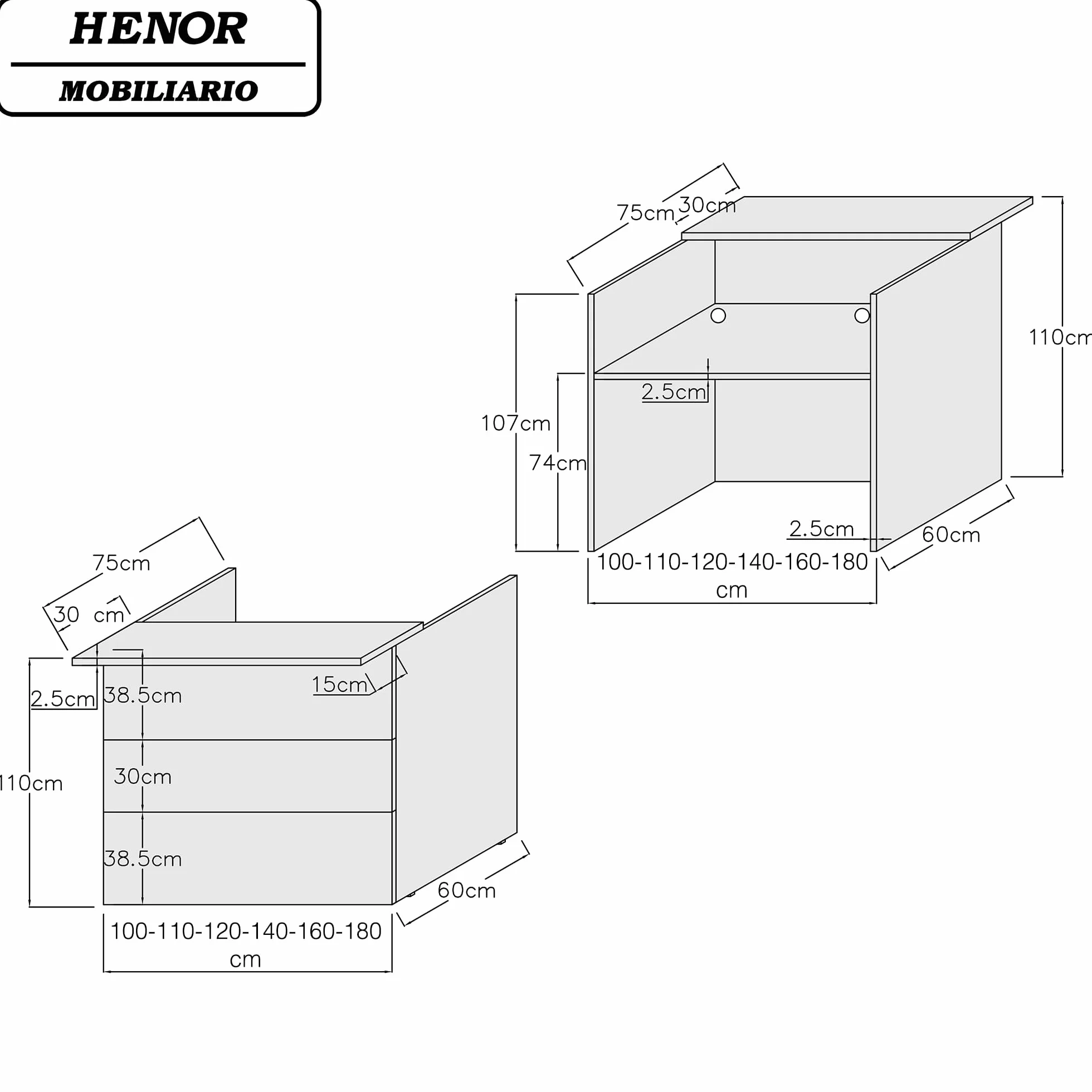 Henor Bancone Reception Ebro. 110 x 60/75 x 110 cm. Legno Con tavolo interno. Ideale per ufficio, reception, attenzione, commercio. Bianco Opaco