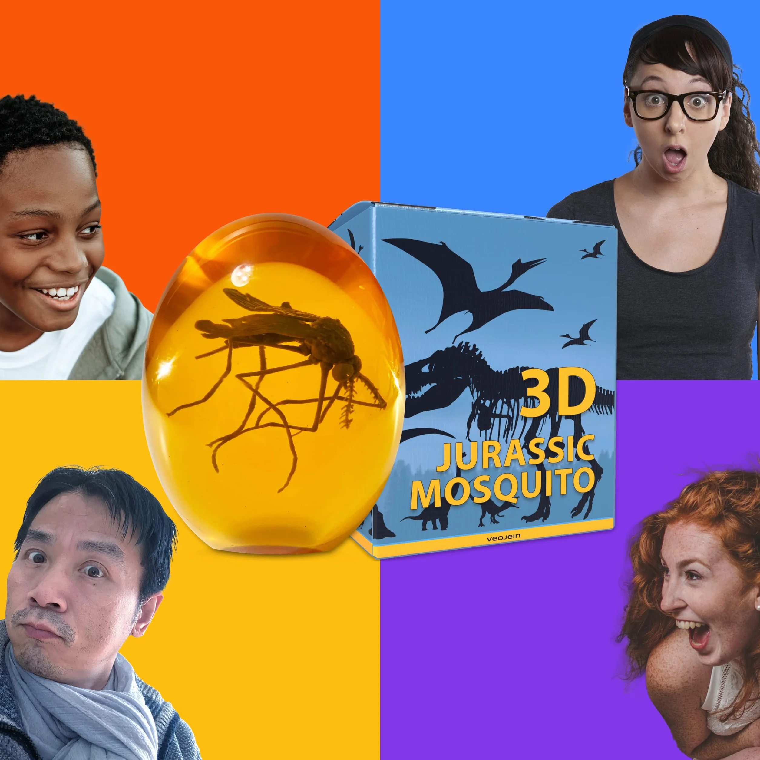 VEOJEIN Jurassic Mosquito 3D - Zanzara in ambra - Realistico giurassico da collezione - Fermacarte in resina a fondo piatto - DNA dinosauro