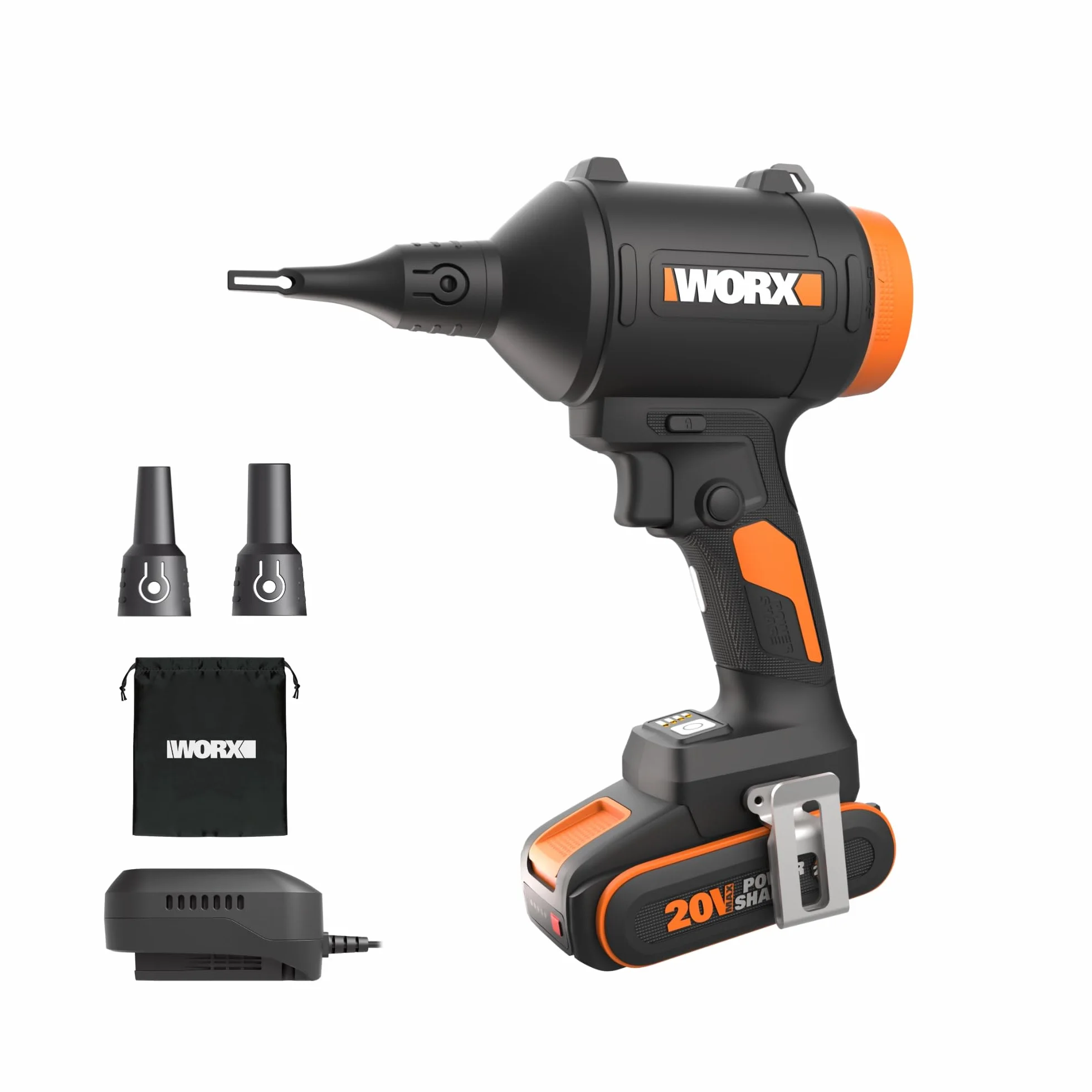 WORX Soffiatore di polvere senza fili 20V con motore brushless, spolveratore elettrico per la pulizia, gonfiatore per materassi, soffiatore ad aria compressa (WX099 con batteria e caricabatteria)