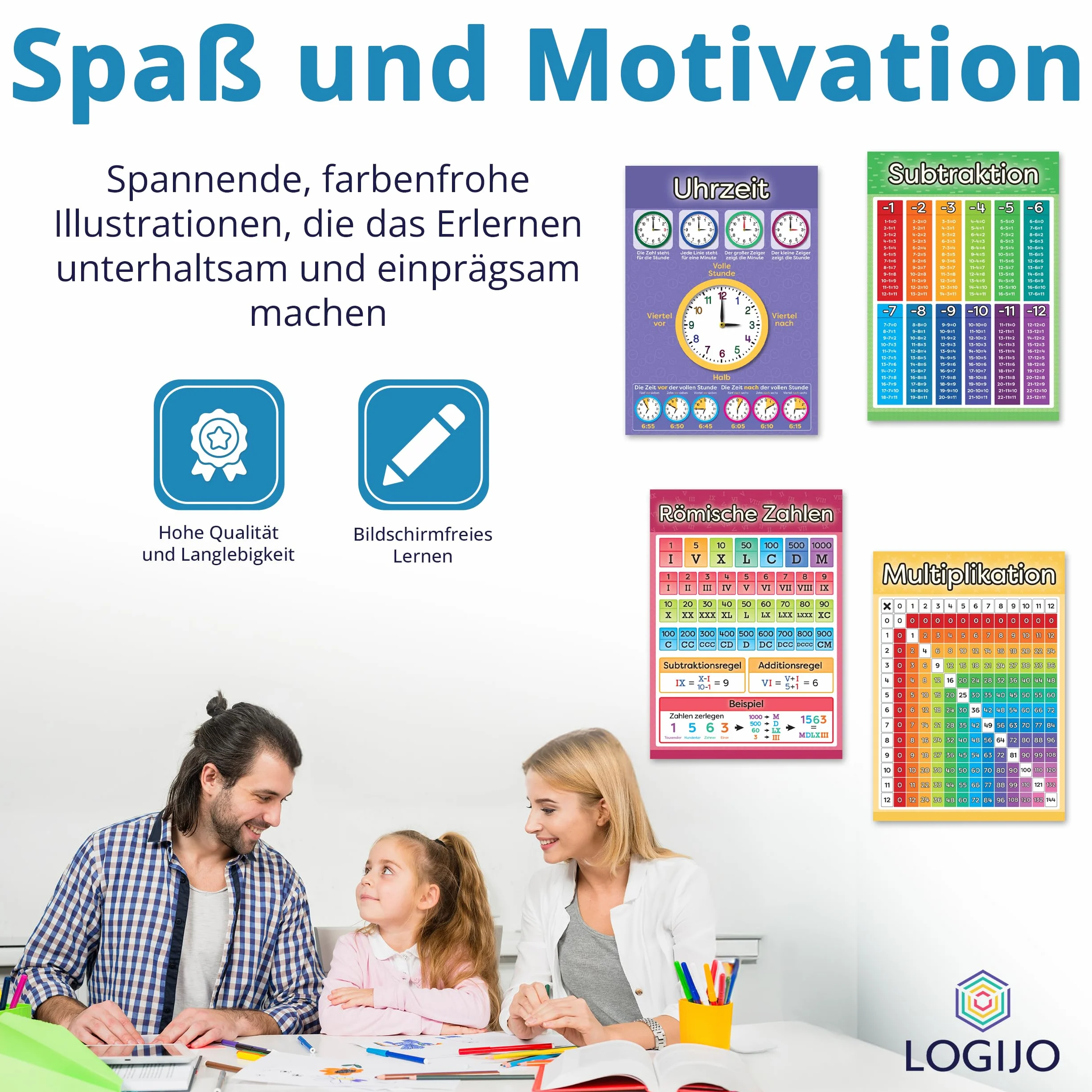 LOGIJO® 12 poster educativi Montessori Matematica A4 satinato apprendimento numeri calcoli base