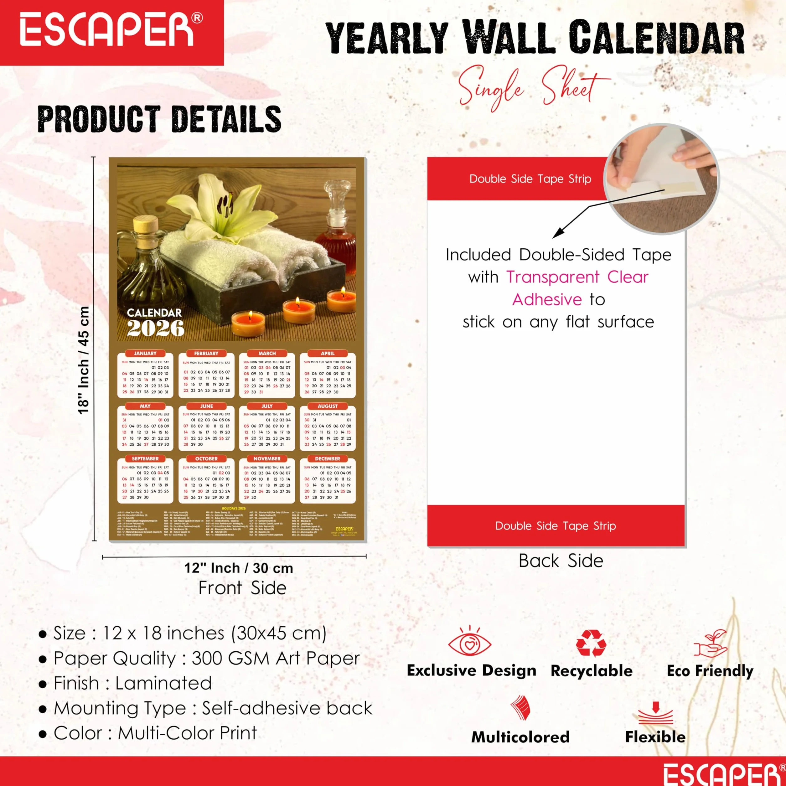 ESCAPER Calendario da parete Body Spa 2025 da appendere (45 x 30 cm), calendario da parete ayurvedico spa 2025, calendario da parete 2025, calendario da parete 2025, decorazione da parete spa