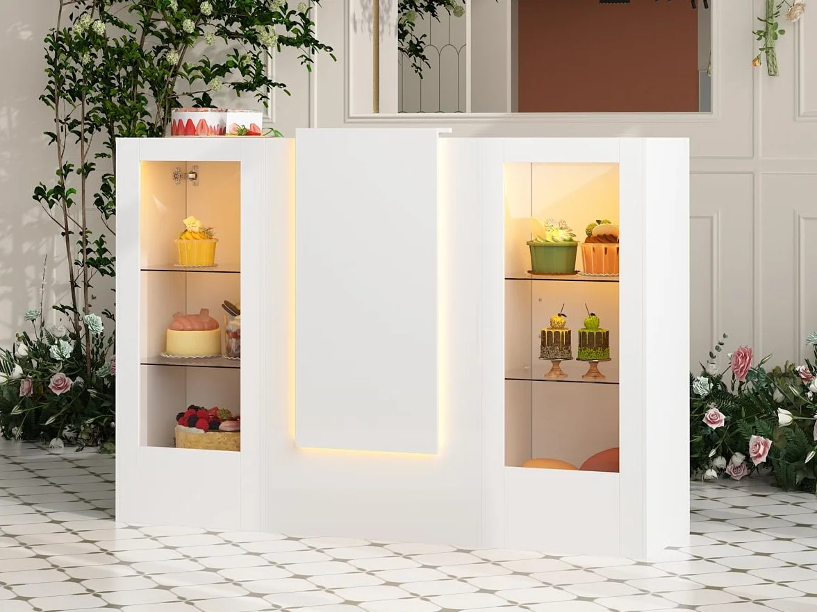 Bancone da reception bianco, tavolo da ricevimento con barra luminosa, bancone per reception, bancone ricezione, tavolo per reception, bancone ricezione con 2 armadietti e 1 vassoio scorrevole