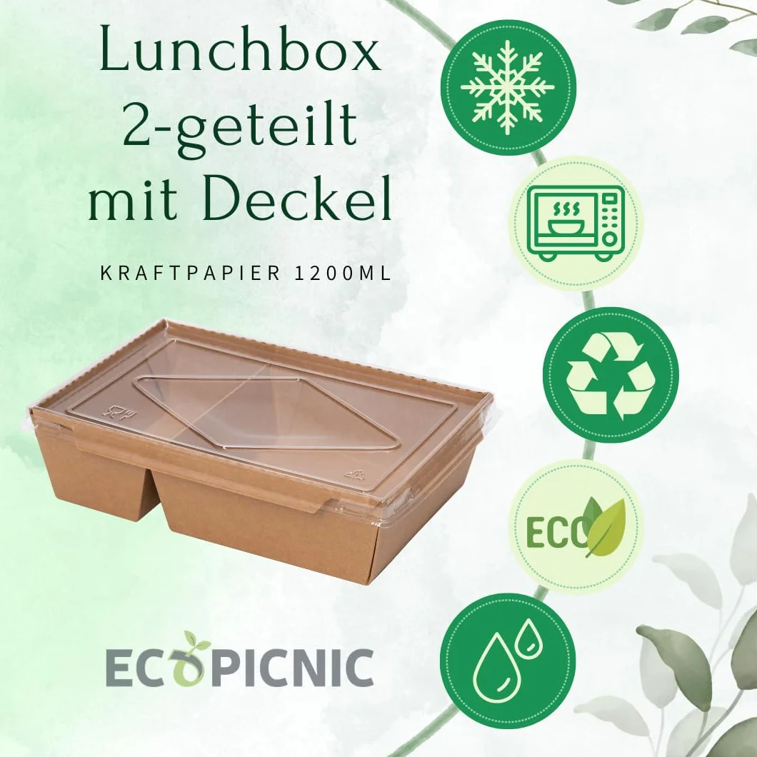 Lanchbox Carta Kraft Coperchio Trasparente 2 Scomparti 1200 ml - Confezione da 50 Pezzi per Alimenti da Asporto