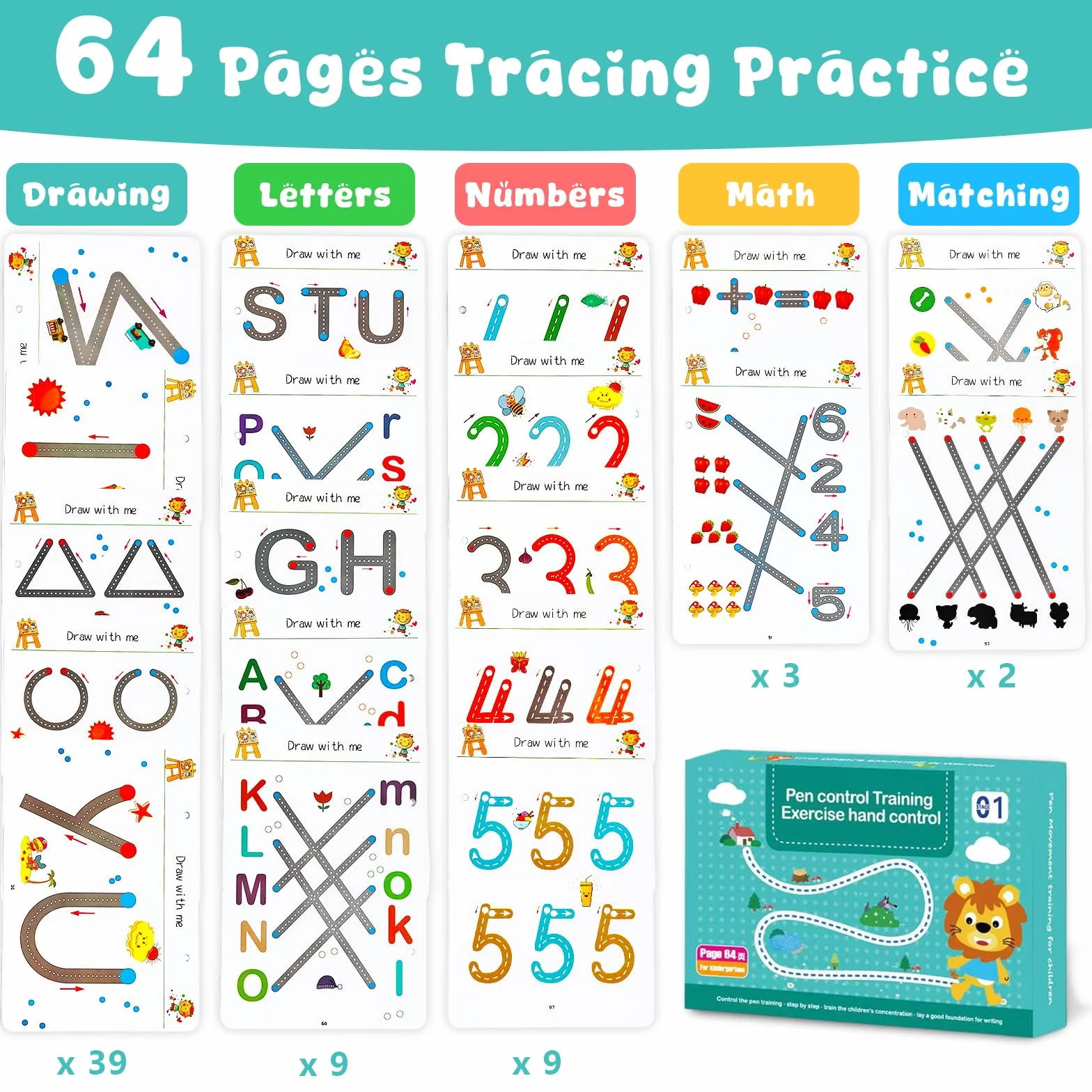 Scribble Smart Workbook Libro per Imparare a Scrivere Cancellabile Pregrafismo Riutilizzabile Prescolare Attività Bambini 3-6 Livello 1+4
