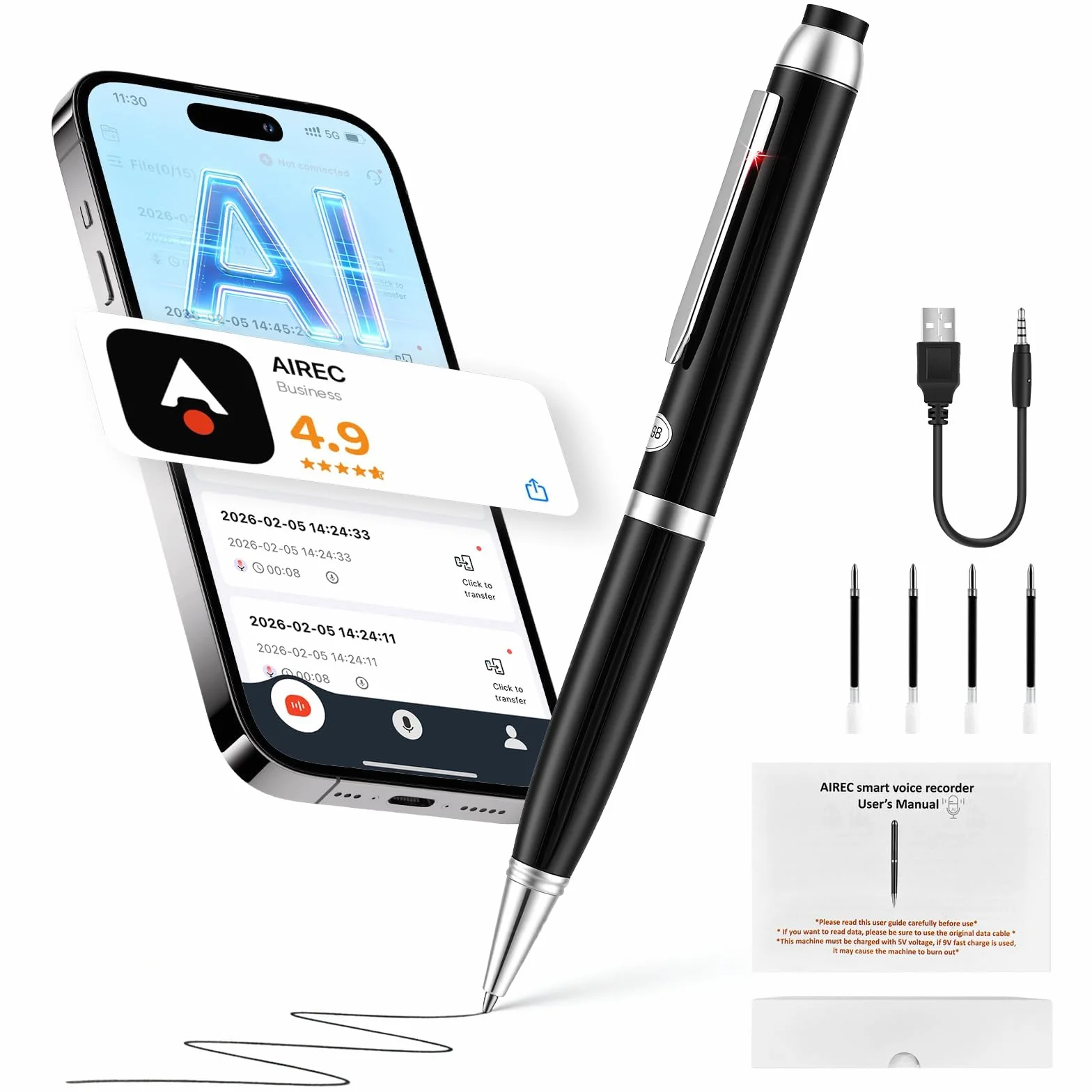 Penna Registratore Vocale 64GB, Mini Registratore Vocale Spia con AI, Traduzione 60+ Lingue, Registrazione Audio da 10 Ore, Microspia Audio Cimice a Distanza HD, per Riunioni, Lezioni, Interviste