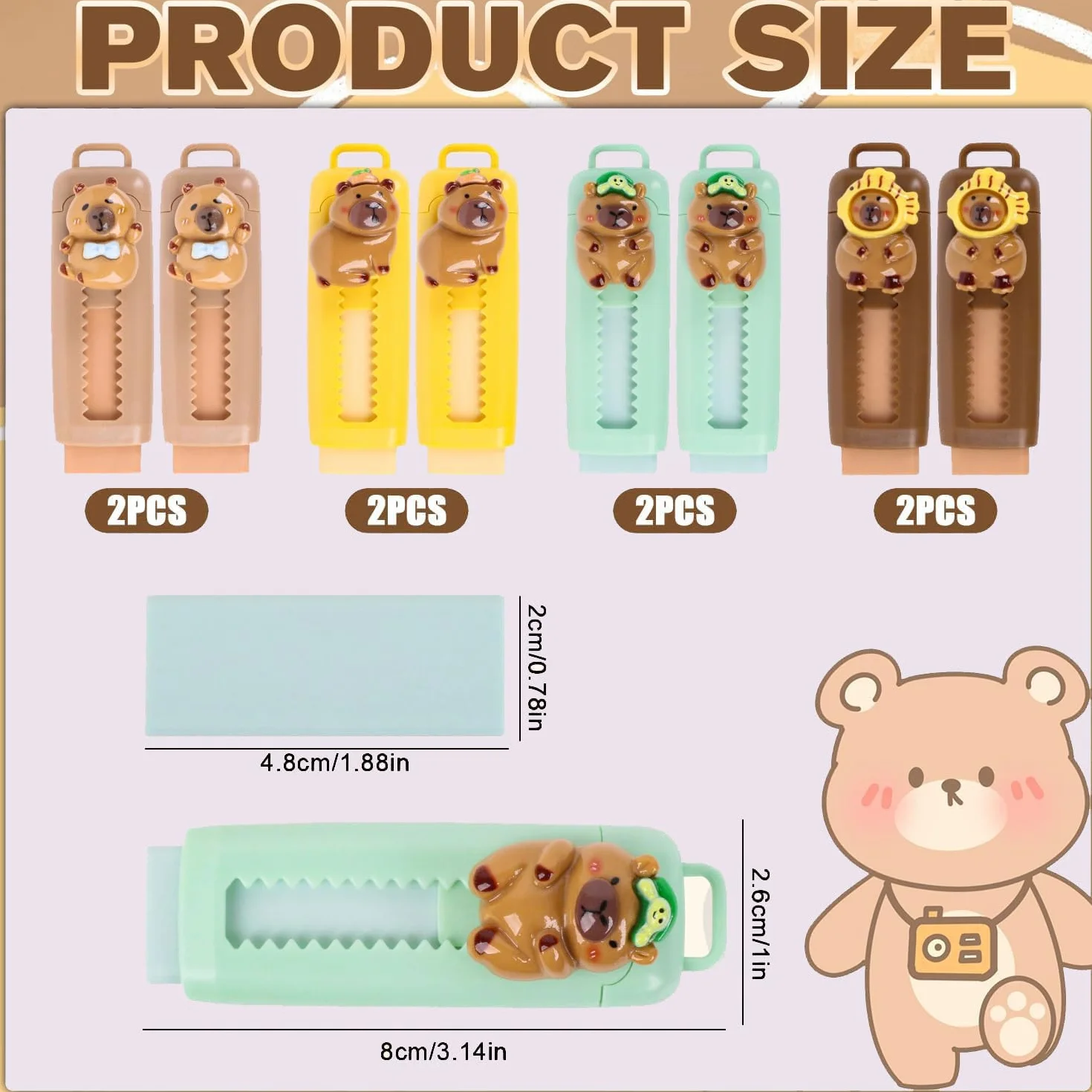 Gomma per Cancellare Retrattile Push-Pull 8 Pezzi Capybara Design per Bambini Scuola Ufficio Regalo