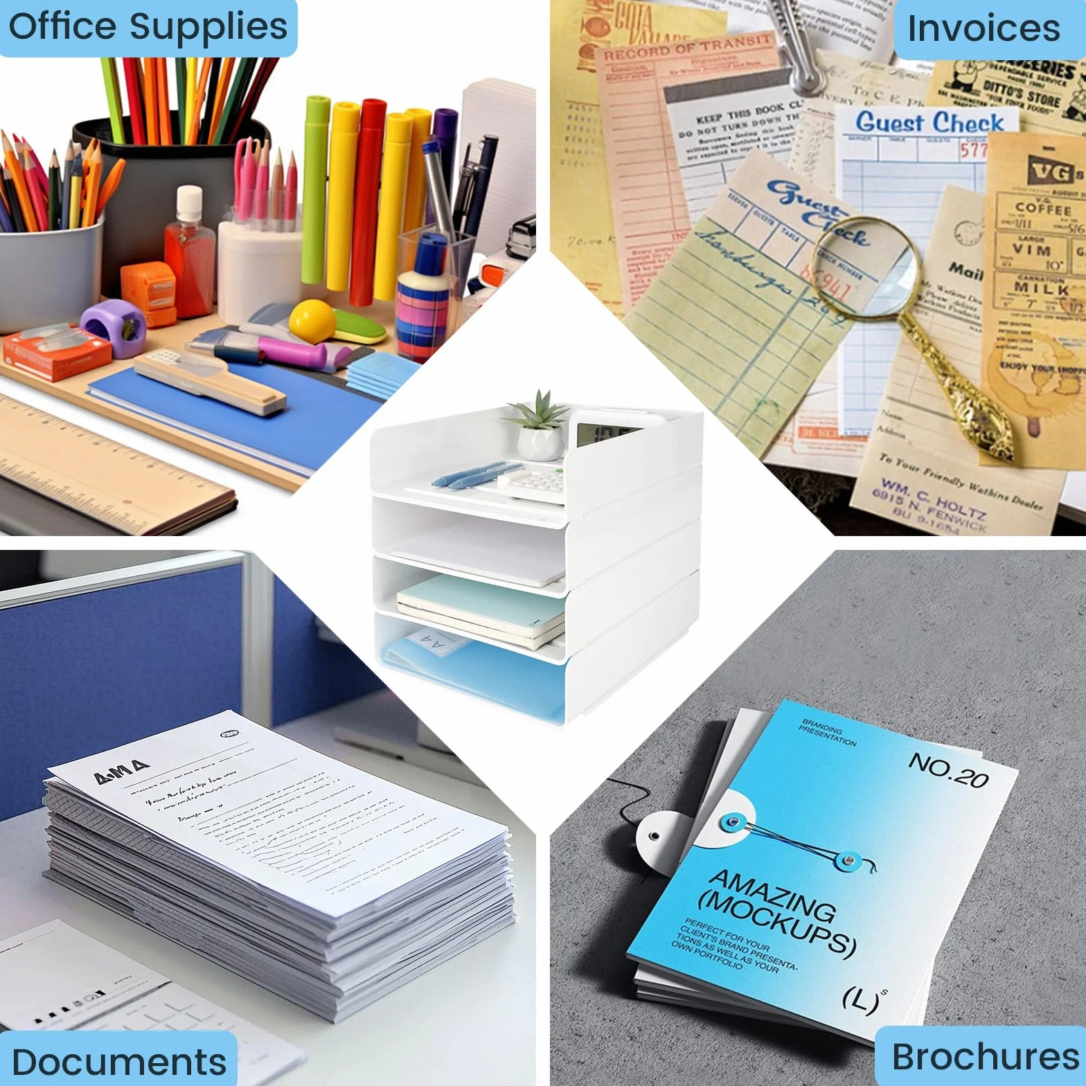 4 Pezzi Vaschetta Porta Documenti Ufficio Impilabile, Organizzatore Scrivania Bianco in PET, Vassoio Porta Documenti A4, Organizer Scrivania per Libri Documenti Fogli Riviste