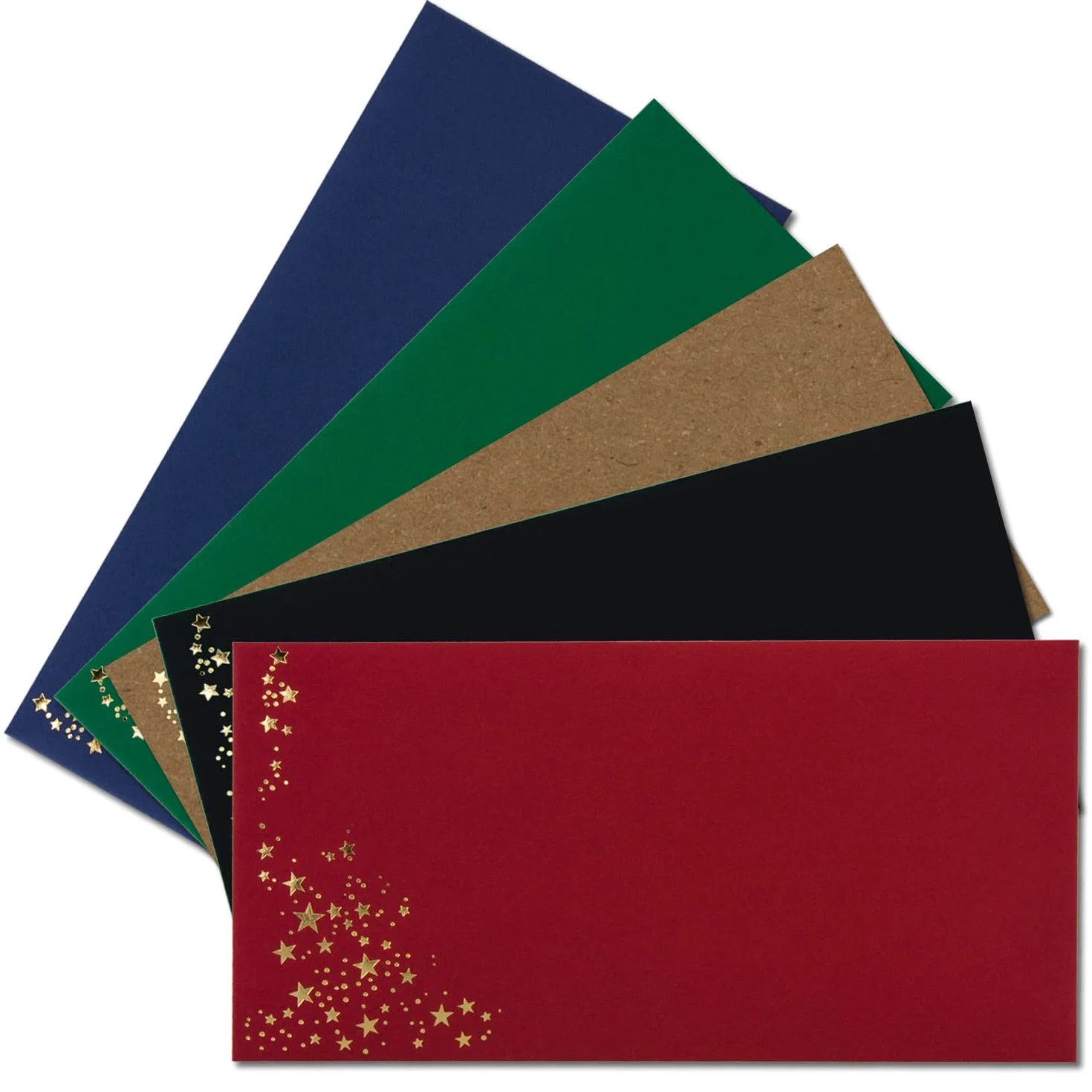 150 buste con stelle metallizzate, formato DIN lungo, set da 10, buste in rosso, nero, verde, blu e carta kraft, con stelle in oro