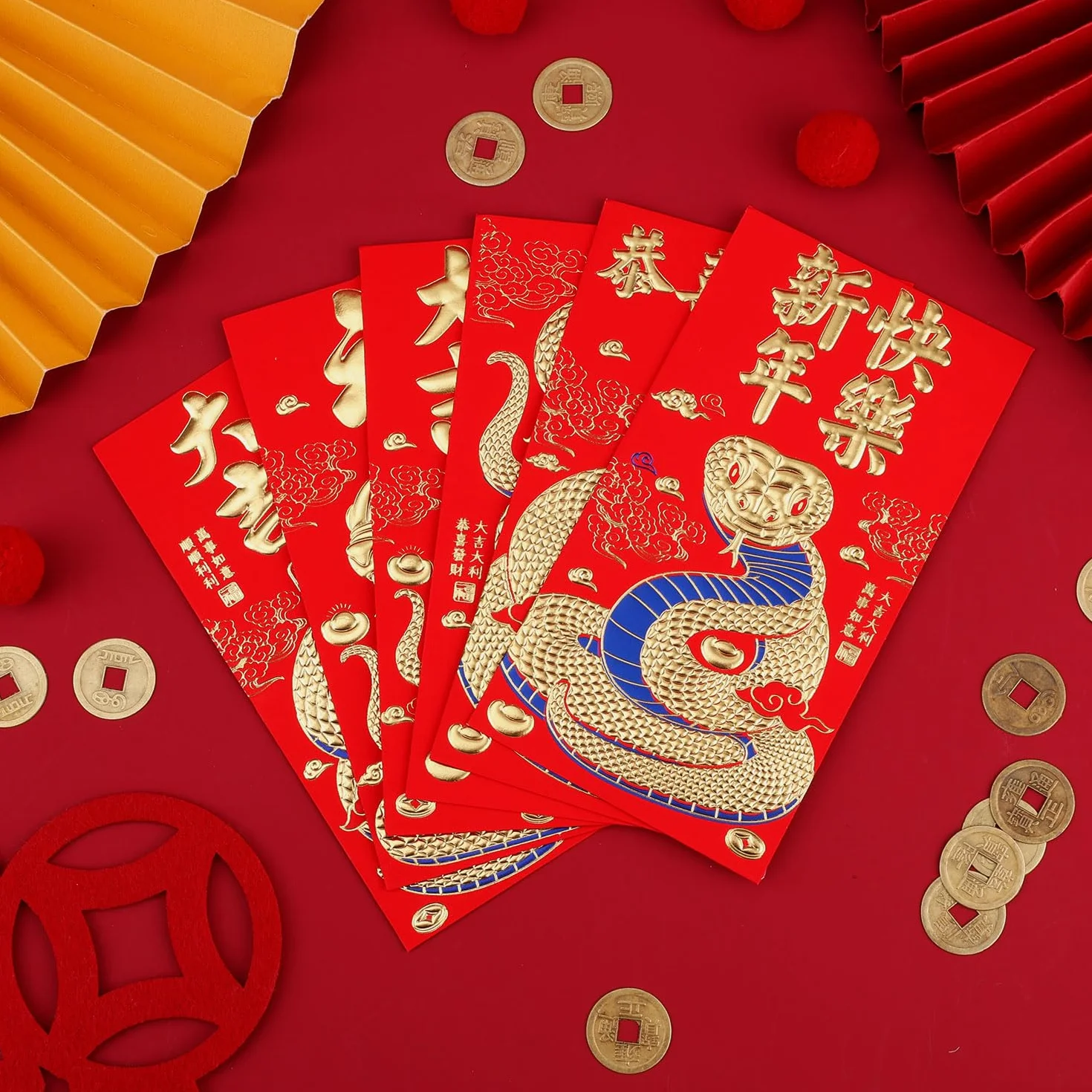 Buste Rosse per Capodanno Cinese 2025 con 50 Monete Feng Shui 16,8x9cm Hong Bao Serpente 6 Motivi Rilievo Dorati