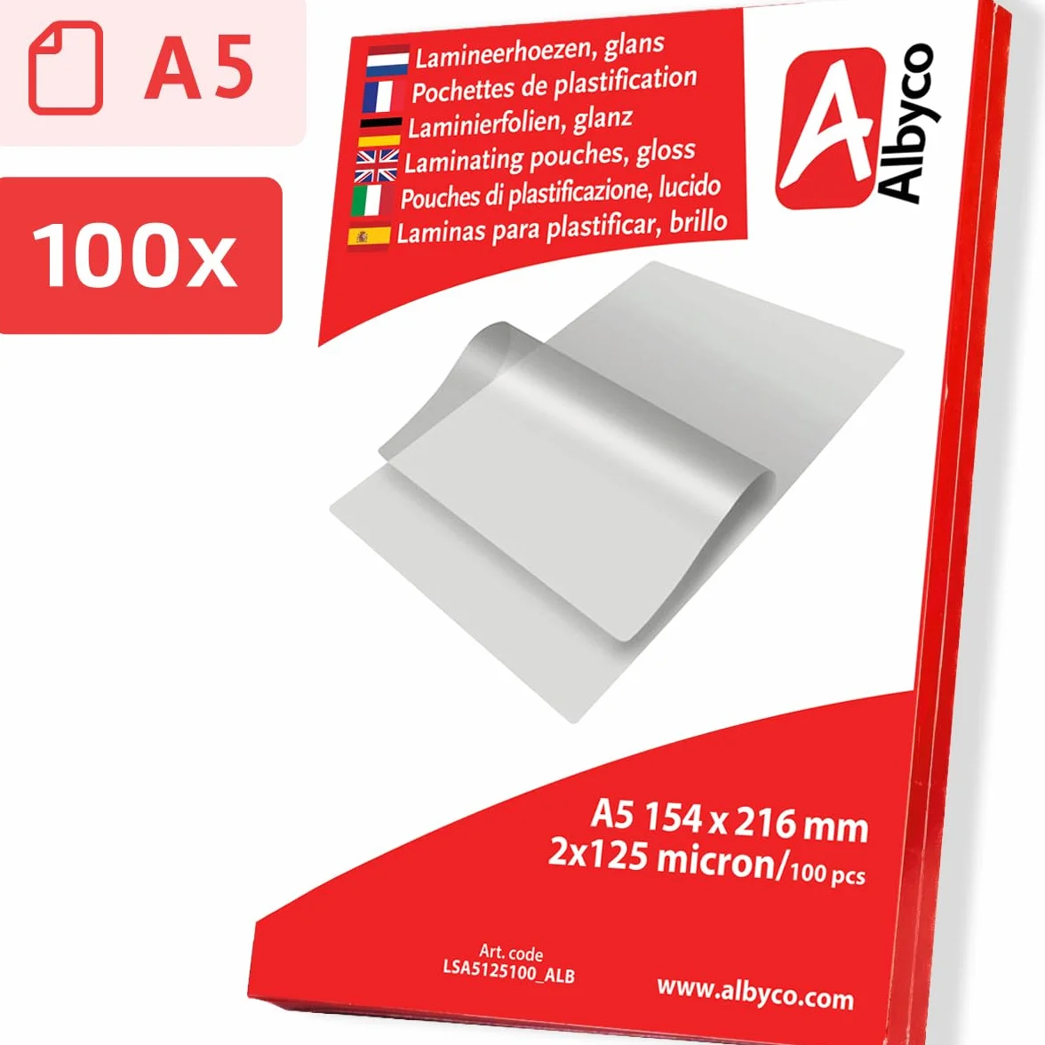 Albyco Fogli Plastificanti A5 100 Pezzi 250 Micron Lucido Laminazione