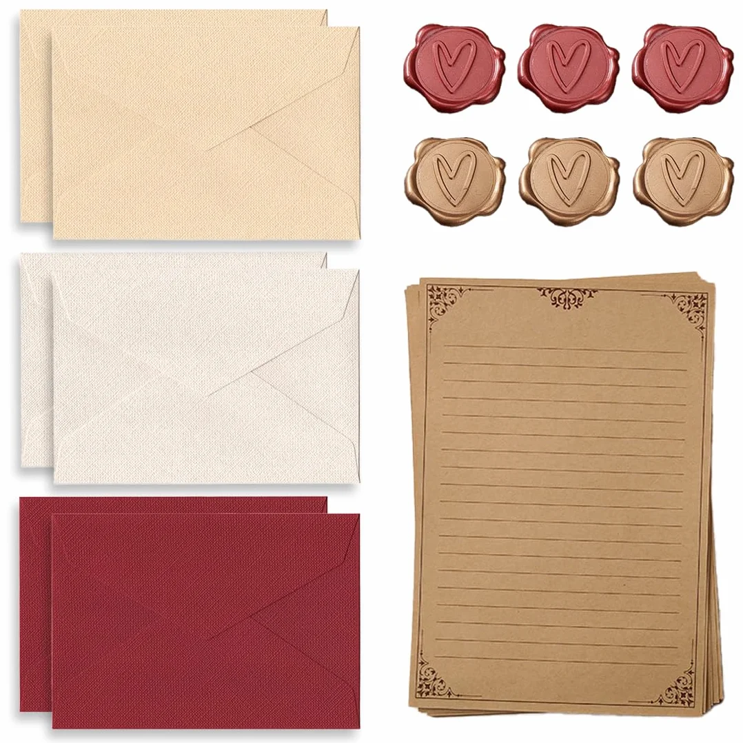 Set di 32 Fogli di Carta da Lettere Vintage, 6 Buste in Lino con Sigillo in Ceralacca, Buste in Carta Kraft, A5