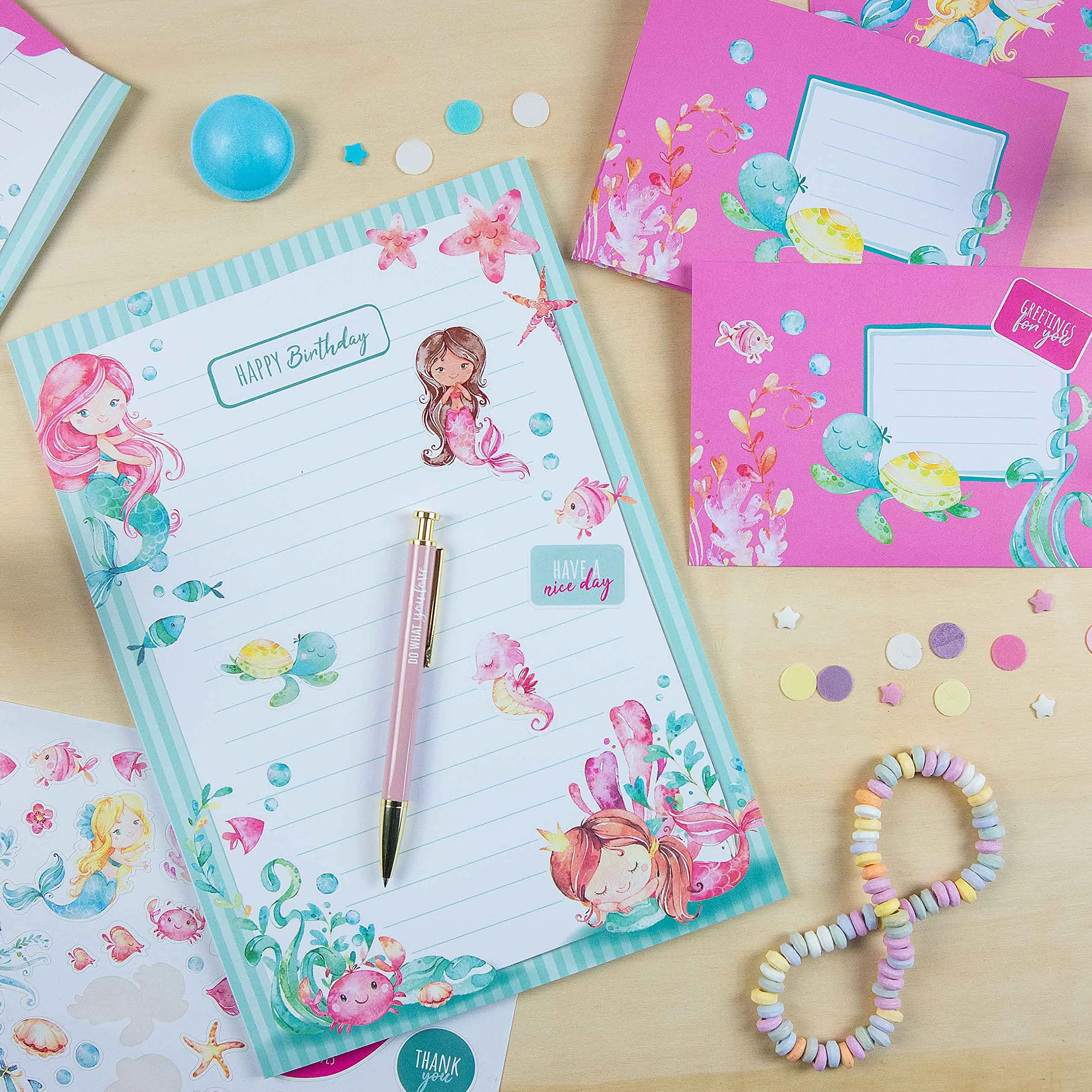 Papierdrachen Set di Blocchi per Lettere - 50 fogli colorati stampati - Carta da lettere con adesivi - 20 buste - Idea regalo per bambini Sirena