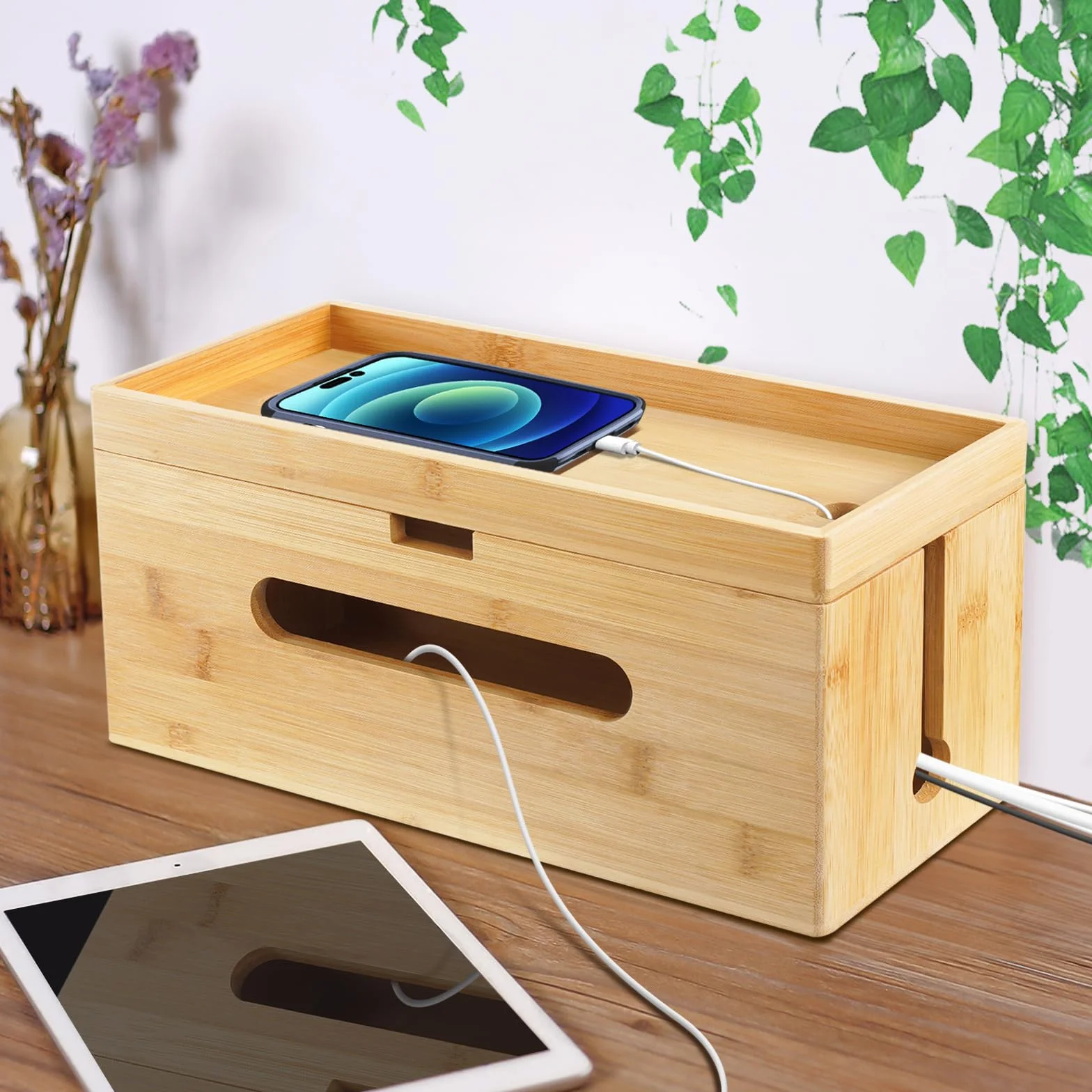 Lannvan Scatola Portacavi - Scatola Nascondi Cavi in Bamboo 33,5 x 13,5 x 13,5 cm - Raccogli Cavi - Grande Scatola Cavi per Organizzare Cavi per USB e Multipresa