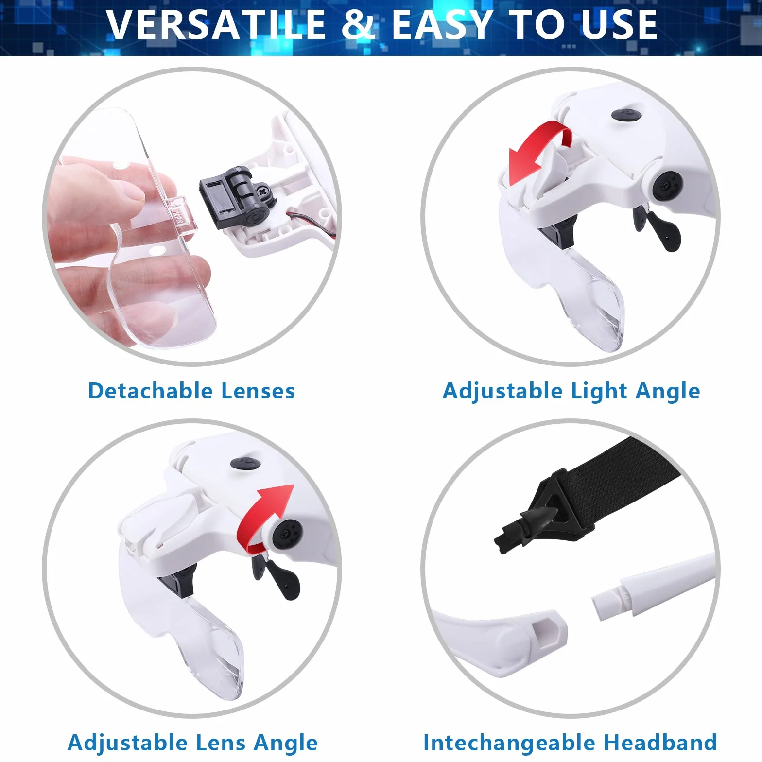 Lente d'ingrandimento per fascia mani libere, ricarica USB, con luce LED, per gioielli, artigianato, orologi, hobby, 5 lenti, 1,0x, 1,5x, 2,0x, 2,5x, 3,5x, (versione aggiornata)
