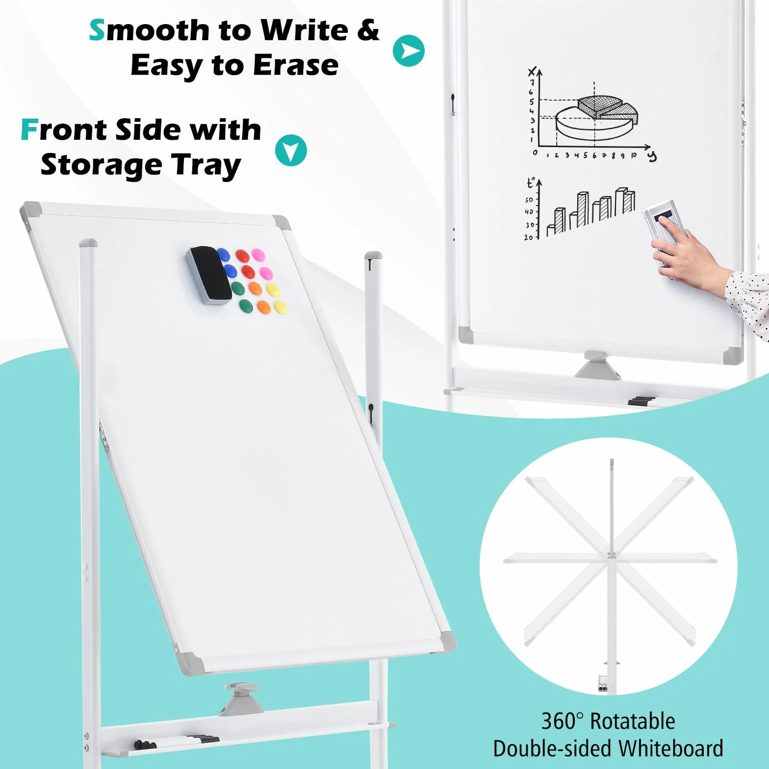 GYMAX Lavagna Magnetica con 4 Ruote, Lavagna Bifacciale con Set di Accessori, Cancellabile a Secco, Lavagna Mobile Regolabile in Altezza, per Scuola, Ufficio, Casa (60 x 90cm, Bianco)