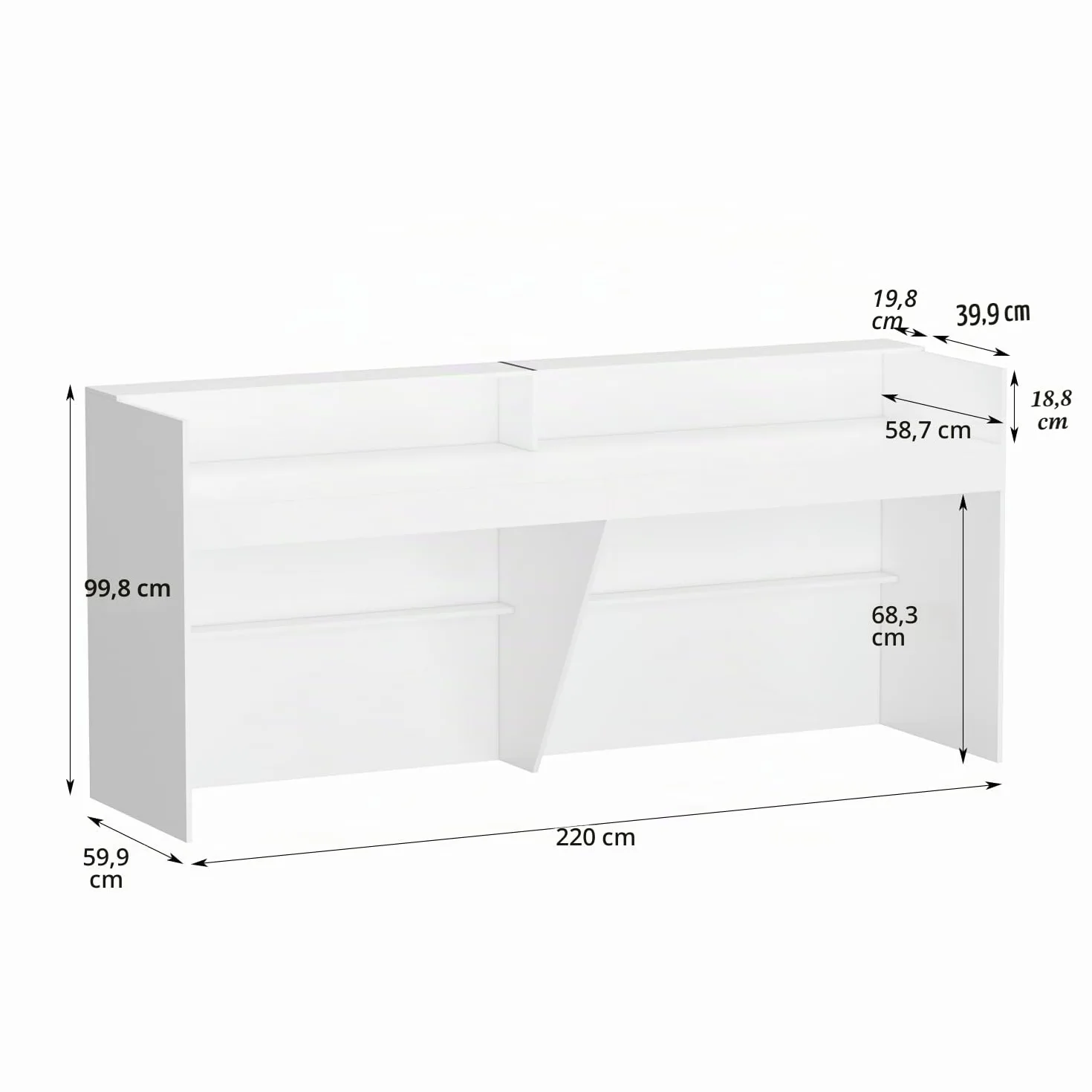 Banco di lavoro con grande superficie, bancone reception tavolo mobile, ufficio con protezione per la privacy, bianco, 220 x 60 x 100 cm