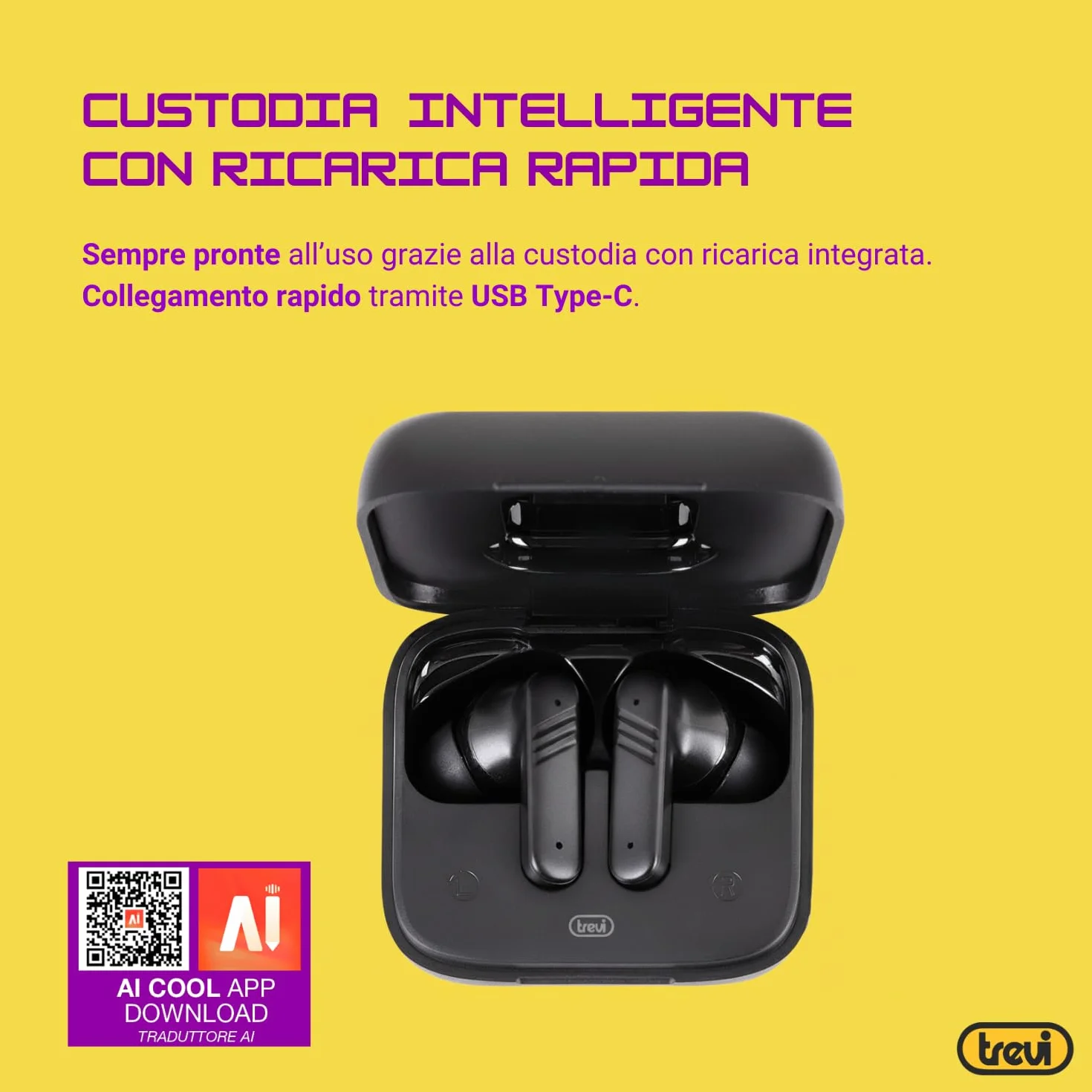 Trevi EAR 100 AID Cuffie Wireless con Traduzione Simultanea AI, ANC/ENC, Display Touch, Audio Hi-Fi, Custodia Ricarica USB-C, Controlli Smart, Nero