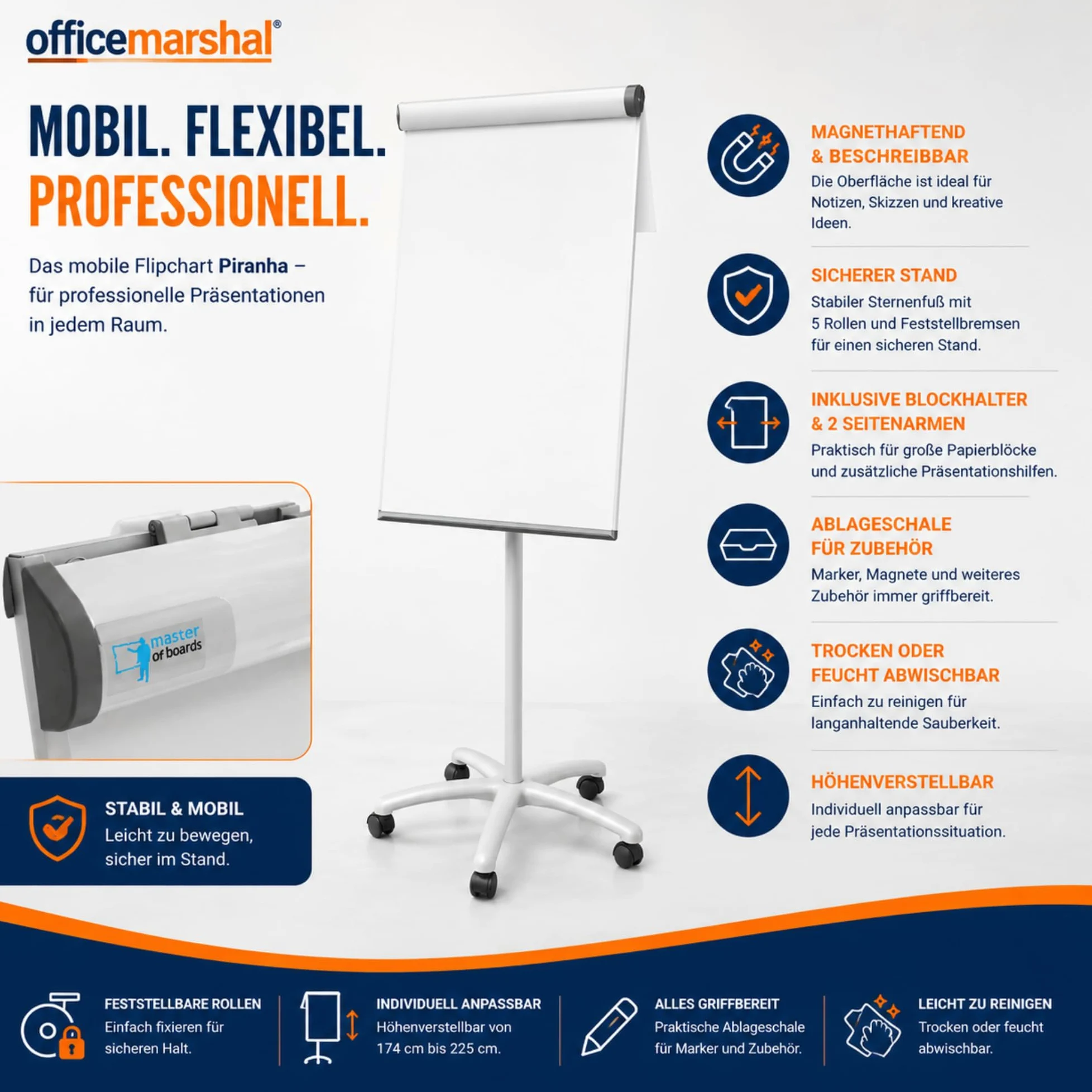 Office Marshal, lavagna a fogli mobili, magnetica, scrivibile, regolabile in altezza fino a 180 cm, con cavalletto Coyote (Piranha, 67 x 105 cm)