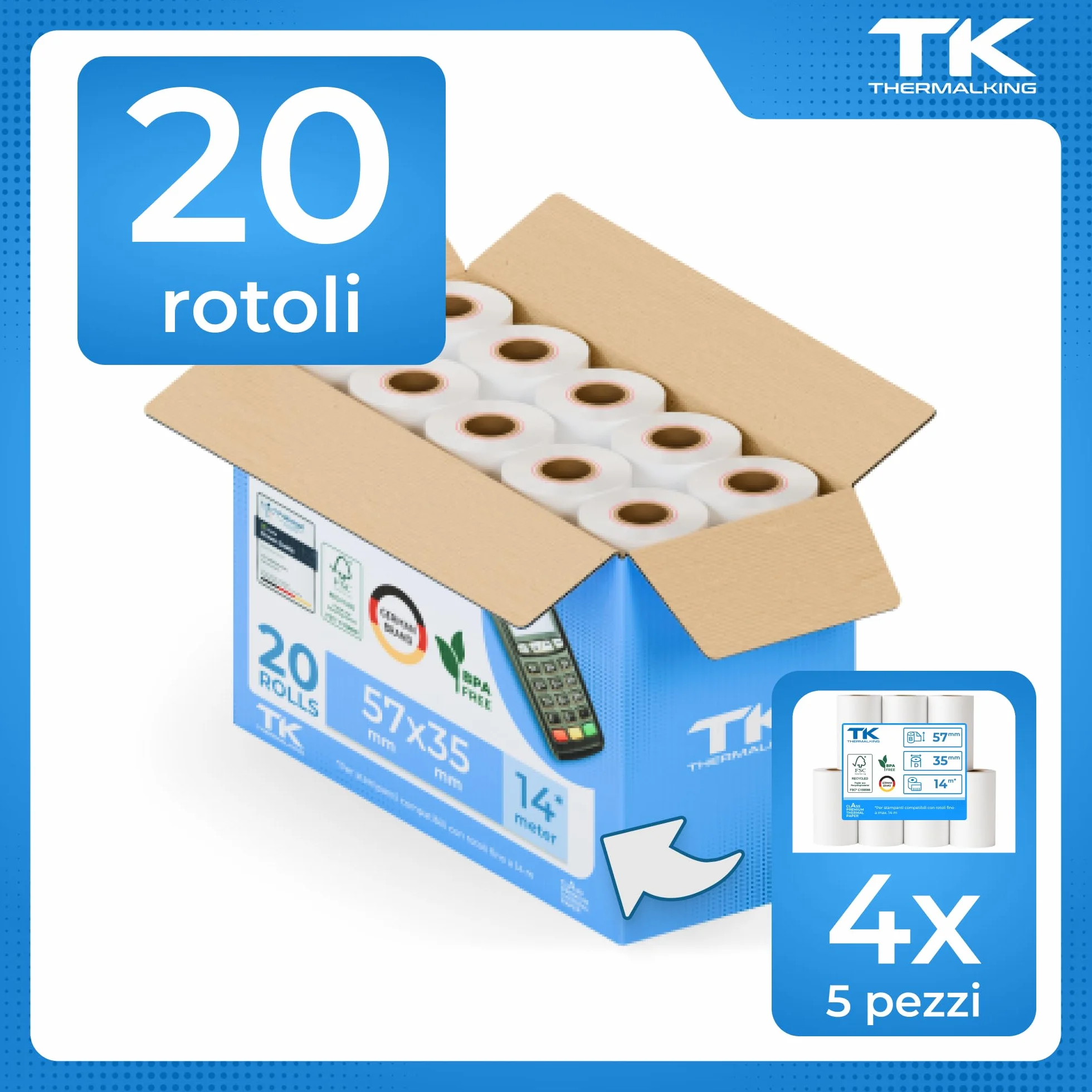 THERMALKING - Rotoli POS 57x35x12 di carta termica per ricevute Bancomat - Rotolini compatibili con dispositivi POS - Rotolo carta termica 57mm x 14m x 12mm - [50x]