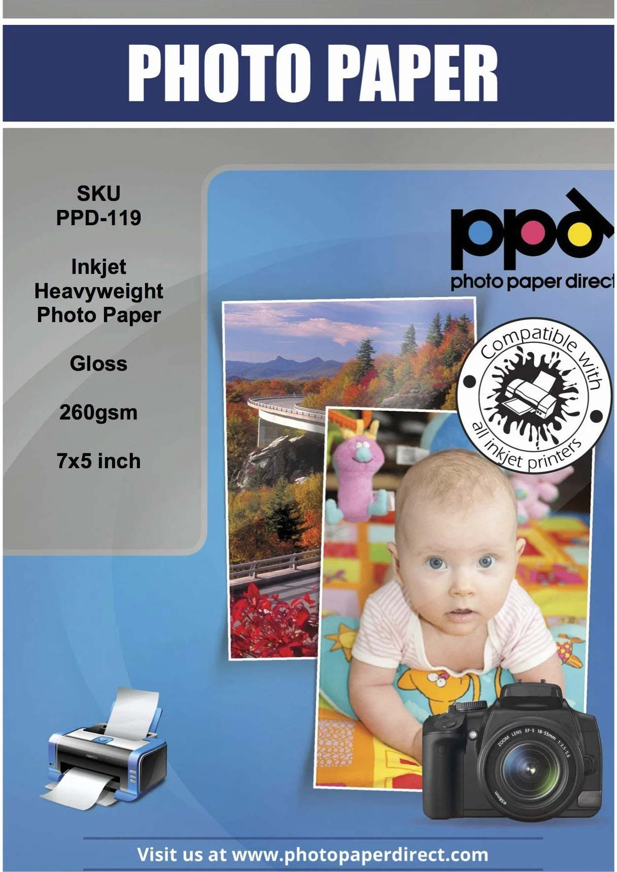 PPD 100 Fogli Carta Fotografica Lucida 13x18cm 260g per Stampanti Inkjet