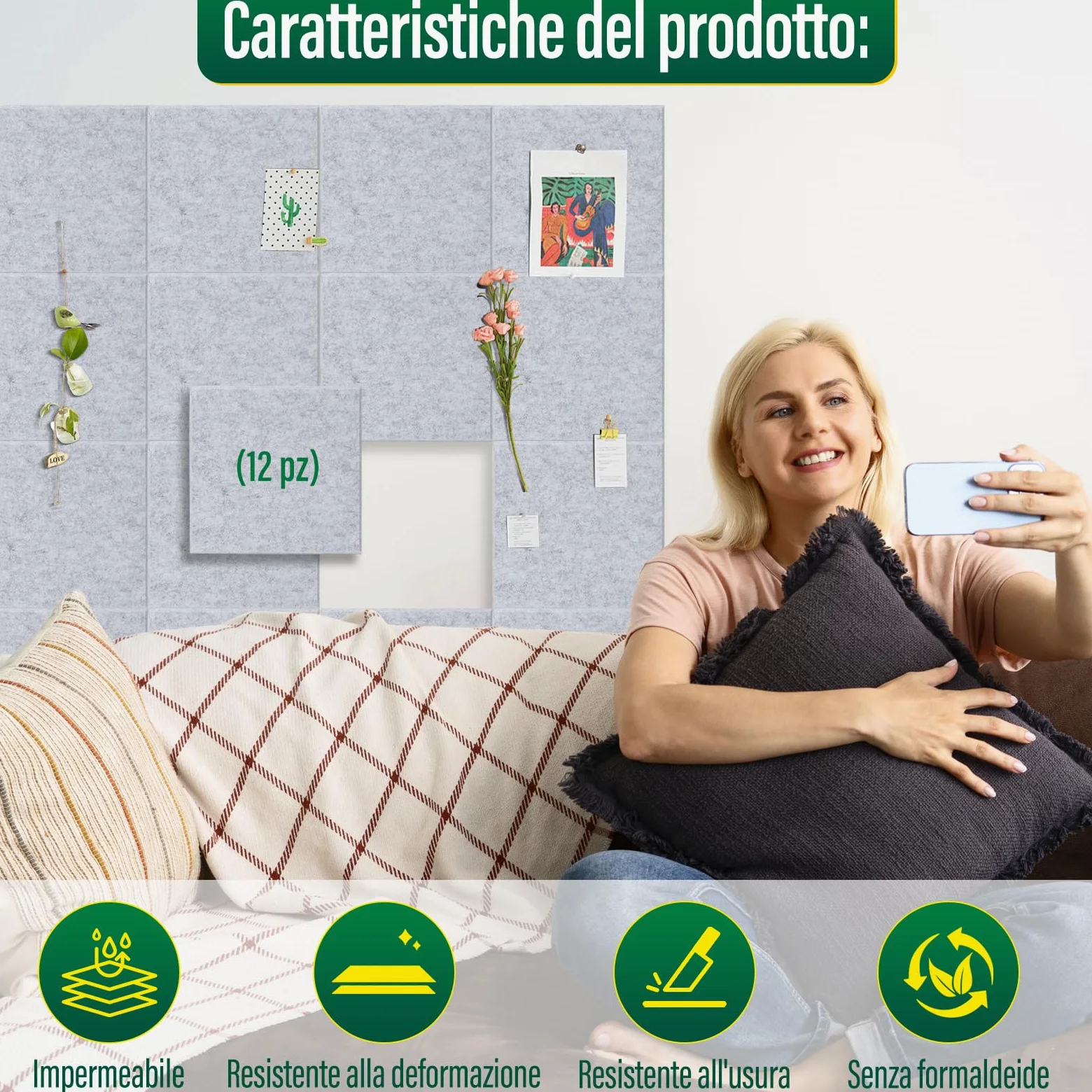 Bacheca in feltro, autoadesiva, 12 pezzi, 30 x 30 cm, spessore 0,9 cm, per ufficio, cucina, foto, memo (grigio quadrato)