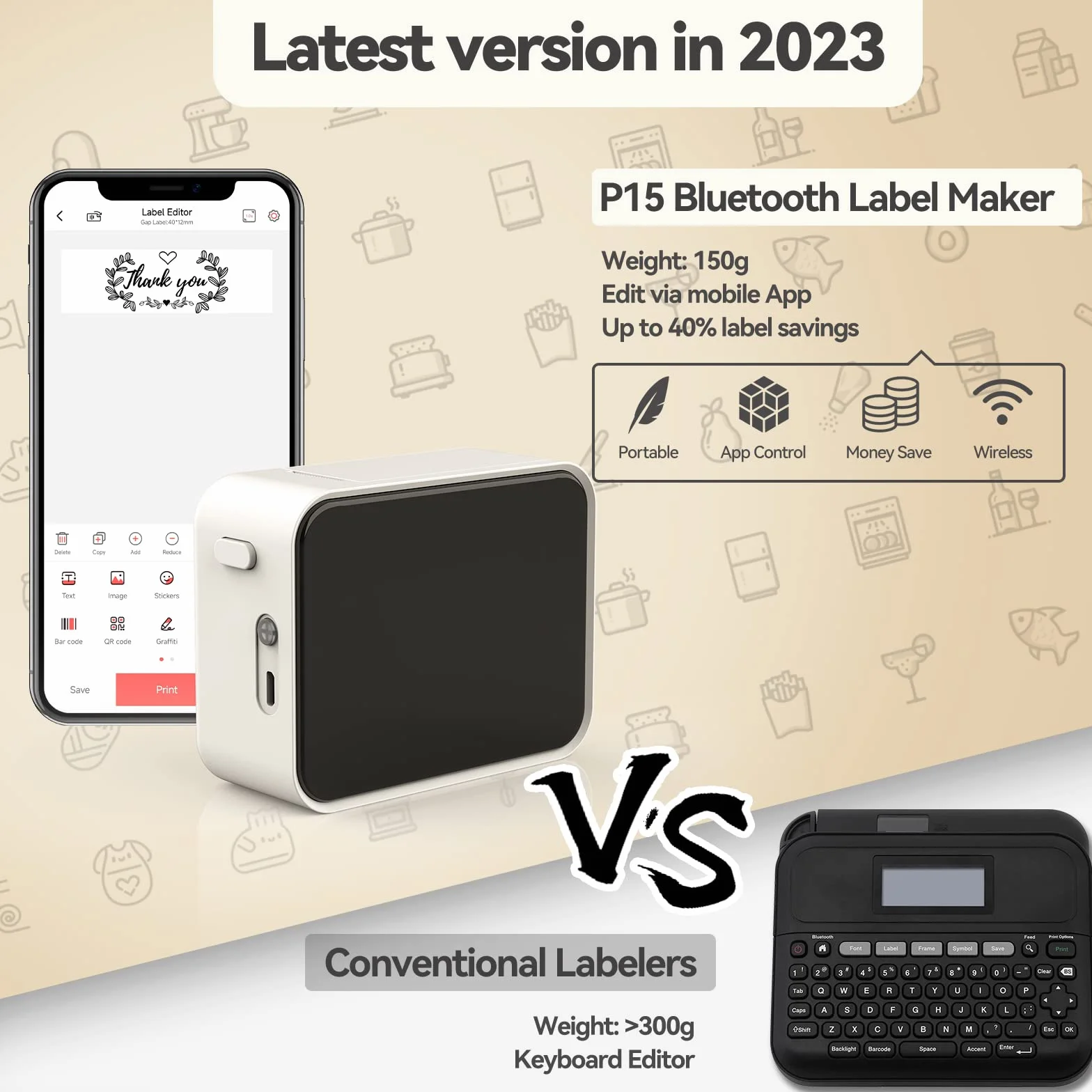Pristar P15 Mini Etichettatrice Bluetooth Stampante per etichette termica USB Bianca