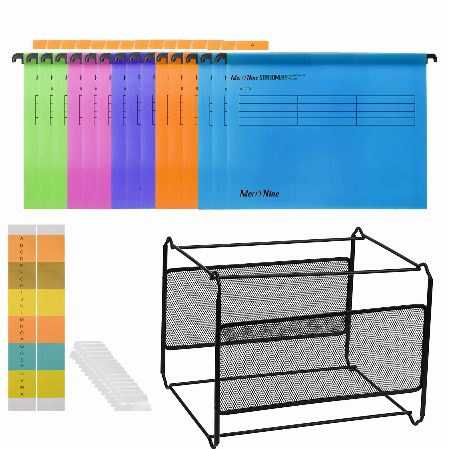MerryNine Cartelle sospese e cornice, cartelle sospese A4 15 pezzi 5 colori con linguette e cartoncino, cartella sospesa A4 in rete metallica nera, organizer da tavolo per cartelle sospese