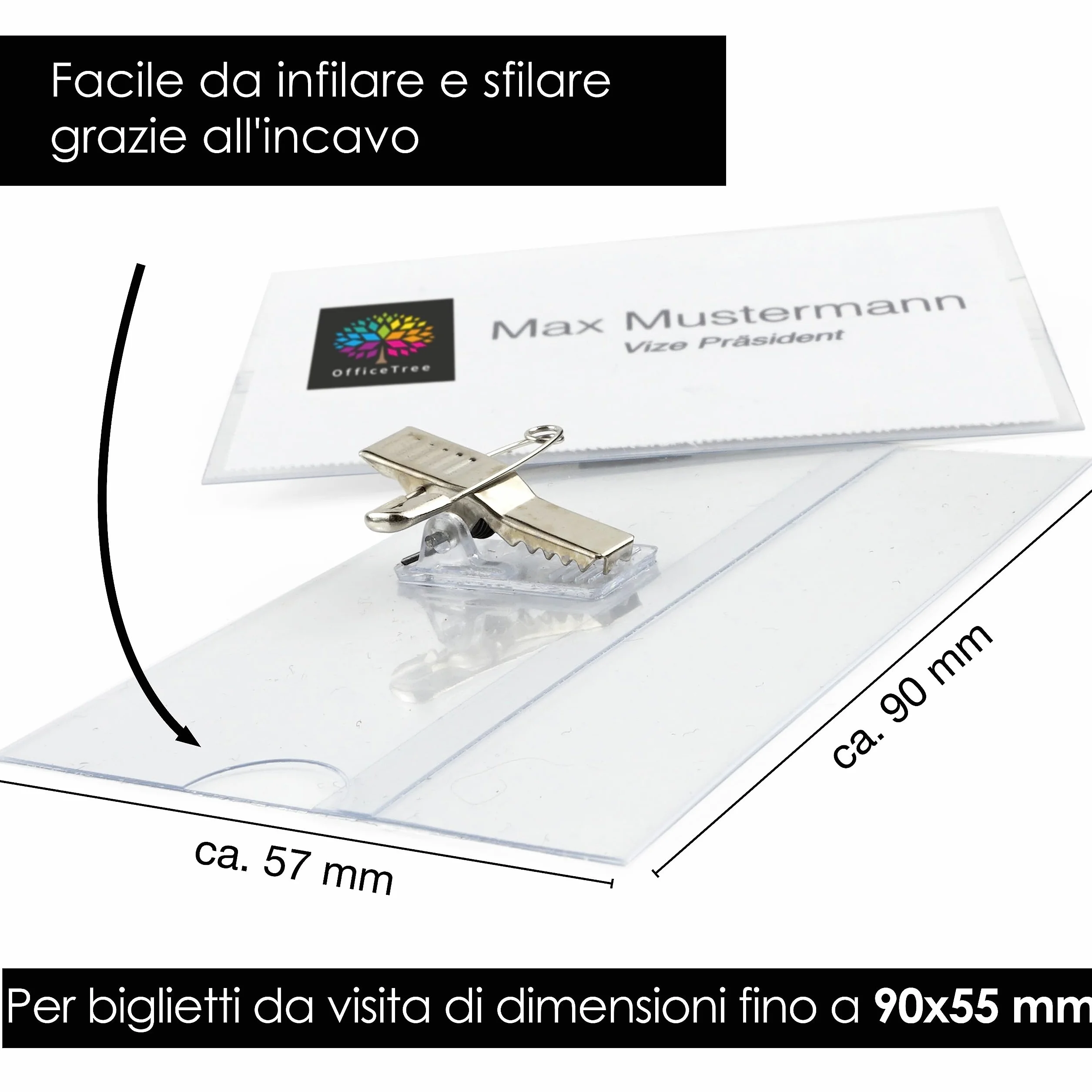 OfficeTree Badge Portanome con Clip e Spilla Integrate - 50 Biglietti da Stampare - Porta Badge Trasparente