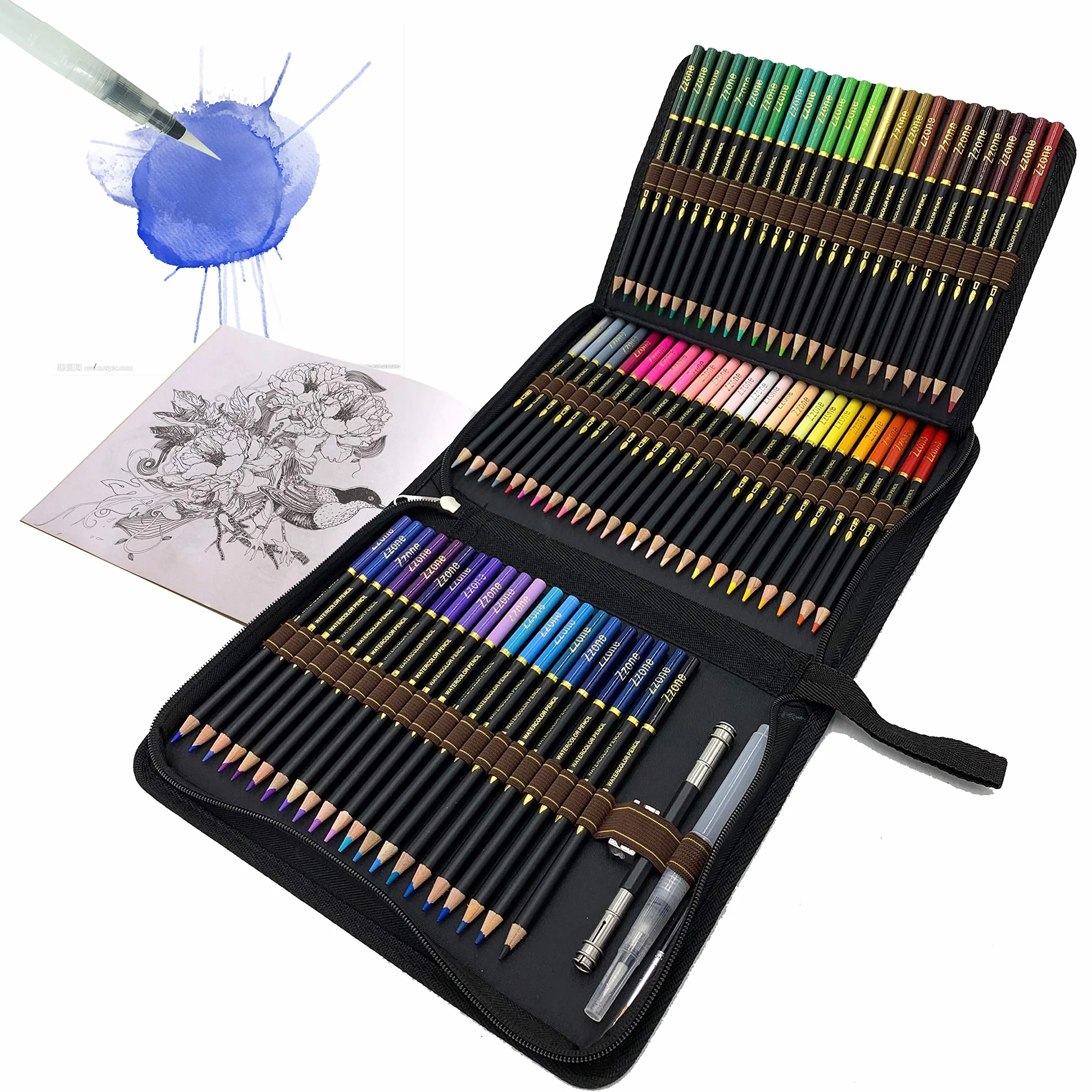 Set da 72 Matite Colorate Acquerellabili da Disegno, Astuccio con Zip