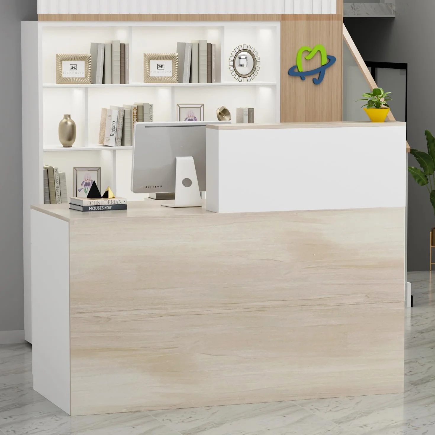 Banco della reception, grande bancone della reception, cassette con scomparti aperti, reception, banconi della reception, mobili da ufficio, colore legno e bianco, 140 x 60 x 110 cm, MDF